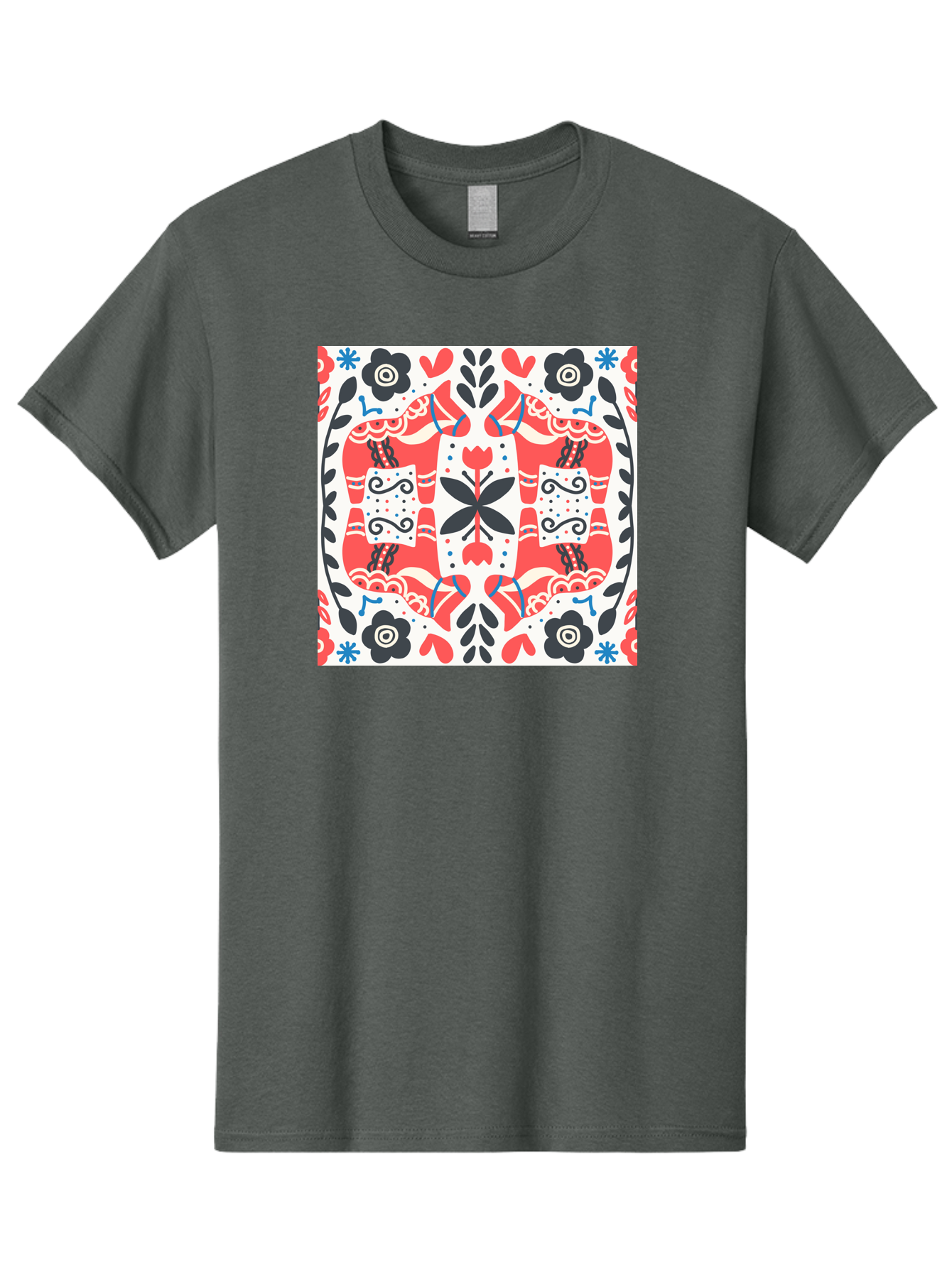 Floral-Pattern-1 Men'S Graphic Tee, 100% Cotton, Comfortable Casual Summer Wear, Machine Washable, Symmetrical Floral Design, Folk Art Style, Red And Black Flowers, Ornate Details, Blue Accents, Traditional Motifs, Decorative Elements, Aab702