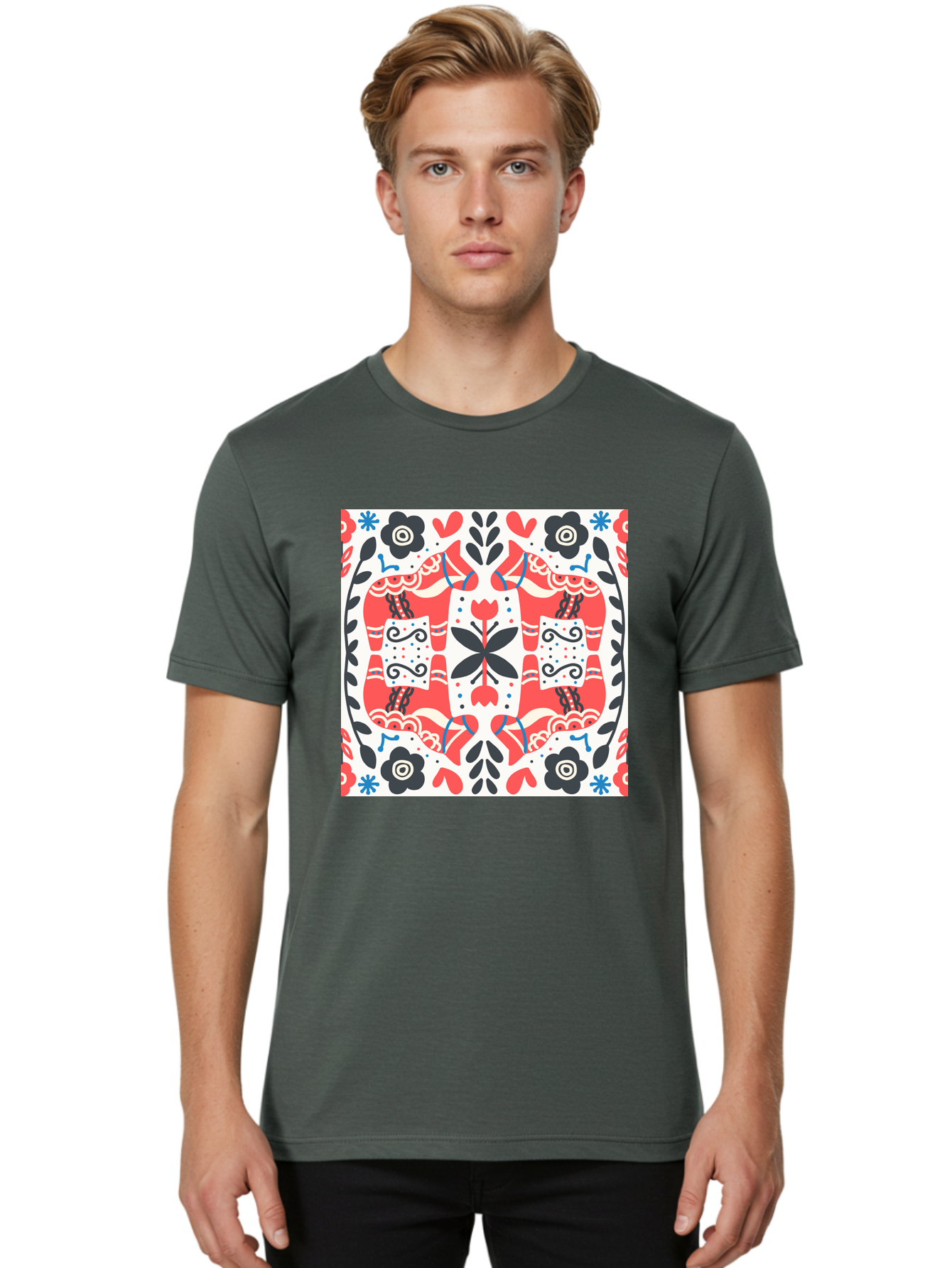 Floral-Pattern-1 Men'S Graphic Tee, 100% Cotton, Comfortable Casual Summer Wear, Machine Washable, Symmetrical Floral Design, Folk Art Style, Red And Black Flowers, Ornate Details, Blue Accents, Traditional Motifs, Decorative Elements, Aab702