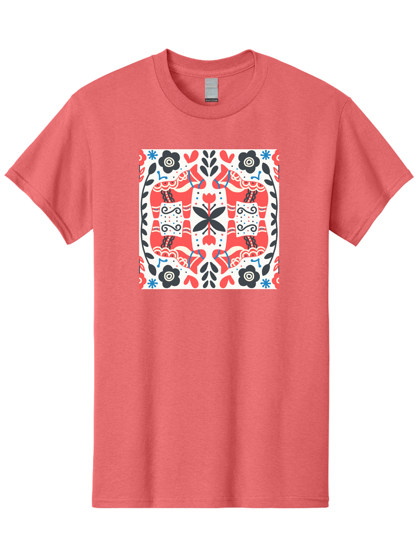 Floral-Pattern-1 Men'S Graphic Tee, 100% Cotton, Comfortable Casual Summer Wear, Machine Washable, Symmetrical Floral Design, Folk Art Style, Red And Black Flowers, Ornate Details, Blue Accents, Traditional Motifs, Decorative Elements, Aab702