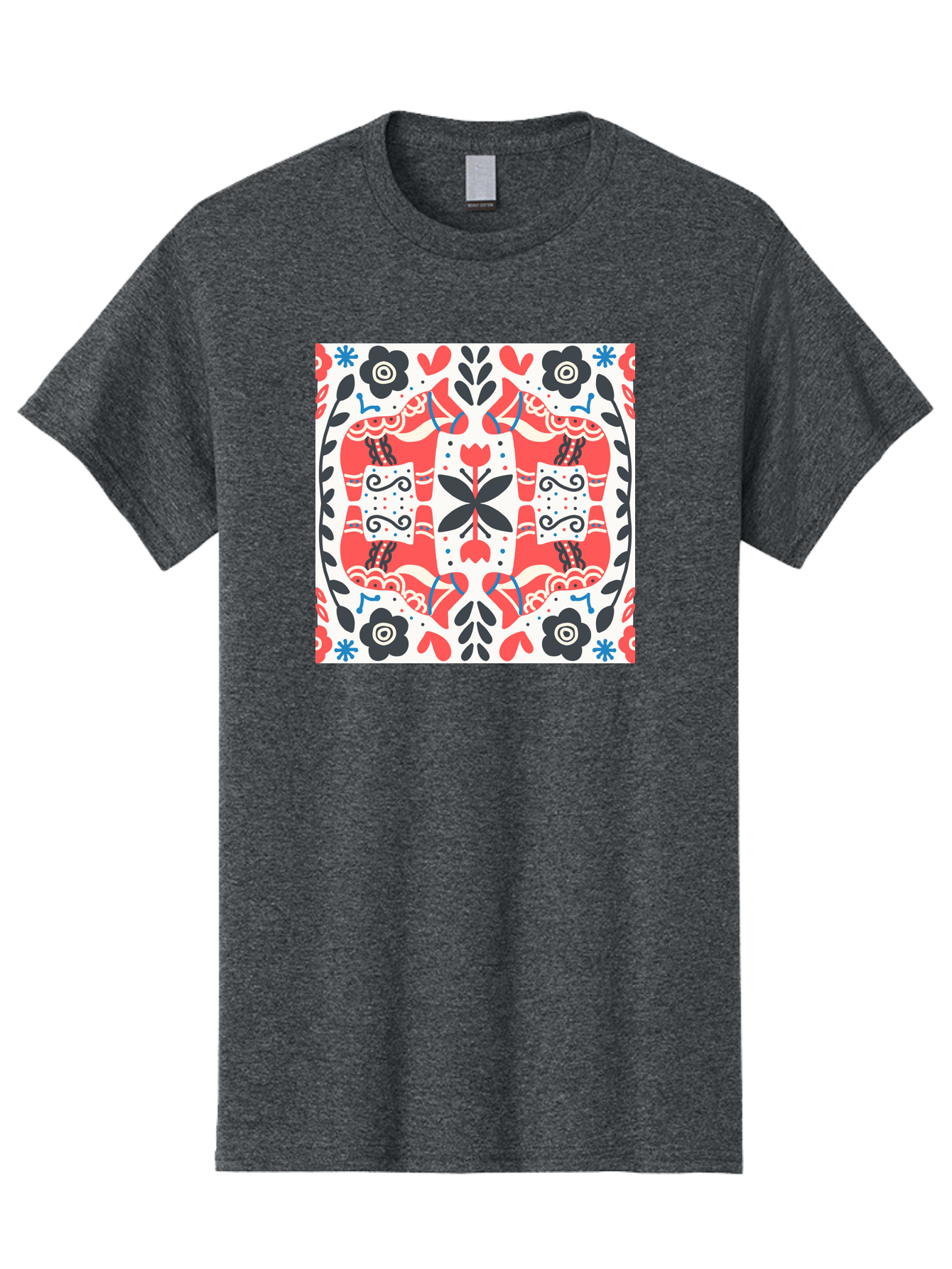 Floral-Pattern-1 Men'S Graphic Tee, 100% Cotton, Comfortable Casual Summer Wear, Machine Washable, Symmetrical Floral Design, Folk Art Style, Red And Black Flowers, Ornate Details, Blue Accents, Traditional Motifs, Decorative Elements, Aab702