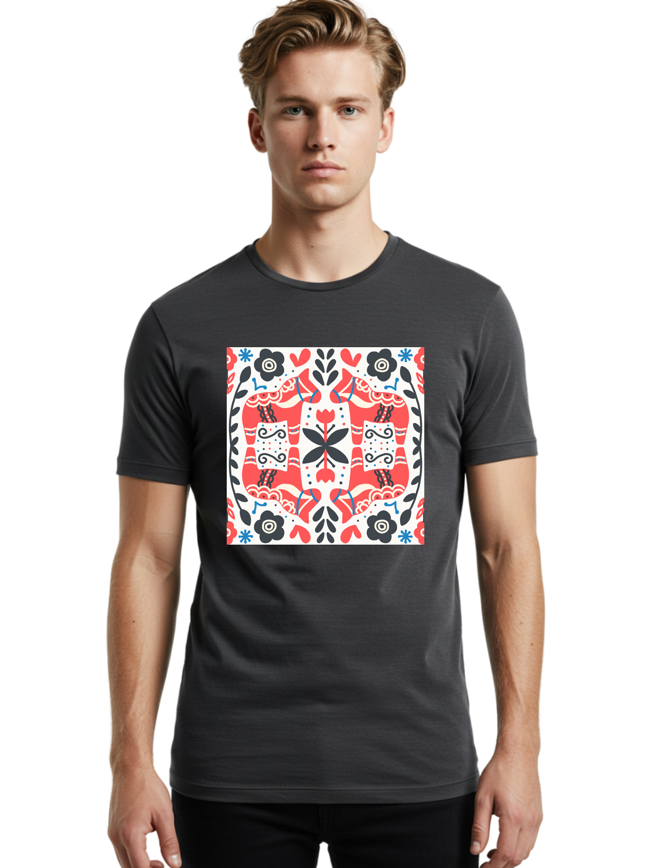 Floral-Pattern-1 Men'S Graphic Tee, 100% Cotton, Comfortable Casual Summer Wear, Machine Washable, Symmetrical Floral Design, Folk Art Style, Red And Black Flowers, Ornate Details, Blue Accents, Traditional Motifs, Decorative Elements, Aab702