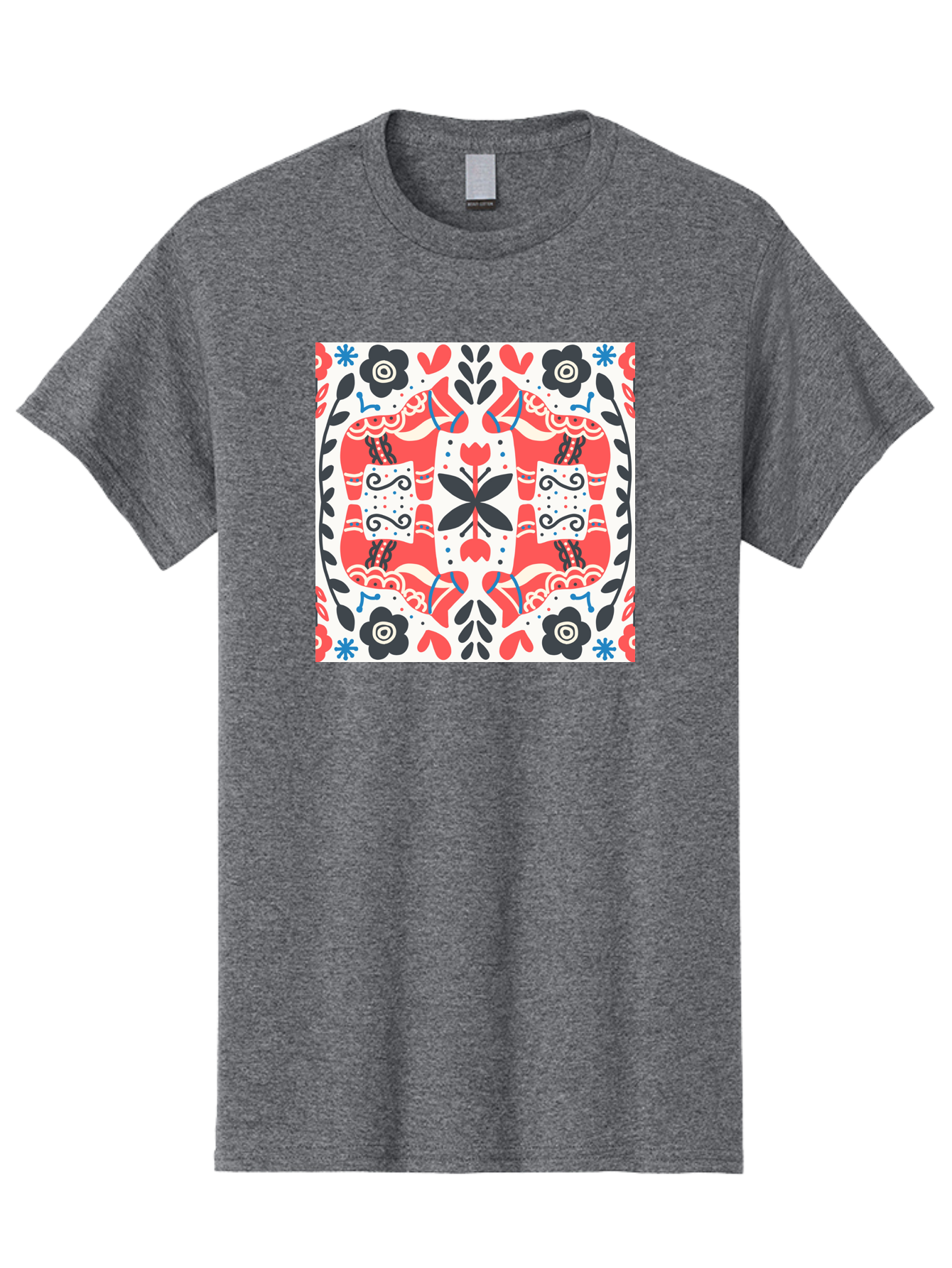 Floral-Pattern-1 Men'S Graphic Tee, 100% Cotton, Comfortable Casual Summer Wear, Machine Washable, Symmetrical Floral Design, Folk Art Style, Red And Black Flowers, Ornate Details, Blue Accents, Traditional Motifs, Decorative Elements, Aab702