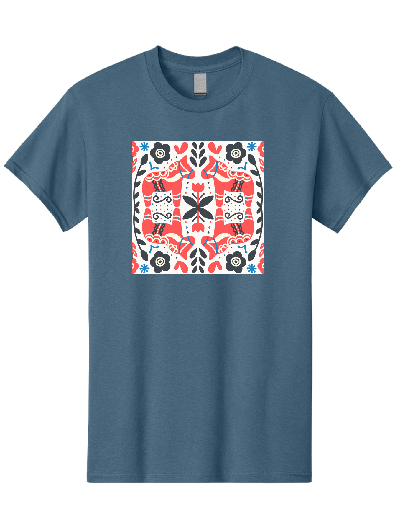 Floral-Pattern-1 Men'S Graphic Tee, 100% Cotton, Comfortable Casual Summer Wear, Machine Washable, Symmetrical Floral Design, Folk Art Style, Red And Black Flowers, Ornate Details, Blue Accents, Traditional Motifs, Decorative Elements, Aab702