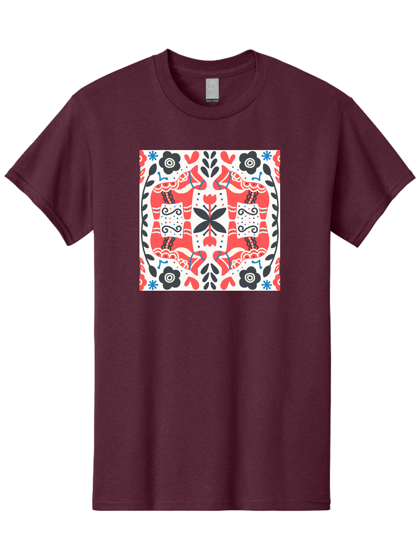Floral-Pattern-1 Men'S Graphic Tee, 100% Cotton, Comfortable Casual Summer Wear, Machine Washable, Symmetrical Floral Design, Folk Art Style, Red And Black Flowers, Ornate Details, Blue Accents, Traditional Motifs, Decorative Elements, Aab702