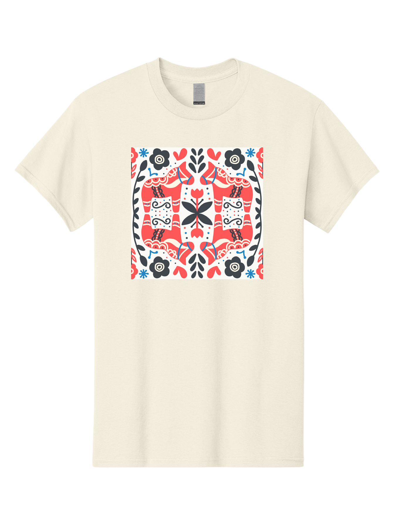 Floral-Pattern-1 Men'S Graphic Tee, 100% Cotton, Comfortable Casual Summer Wear, Machine Washable, Symmetrical Floral Design, Folk Art Style, Red And Black Flowers, Ornate Details, Blue Accents, Traditional Motifs, Decorative Elements, Aab702