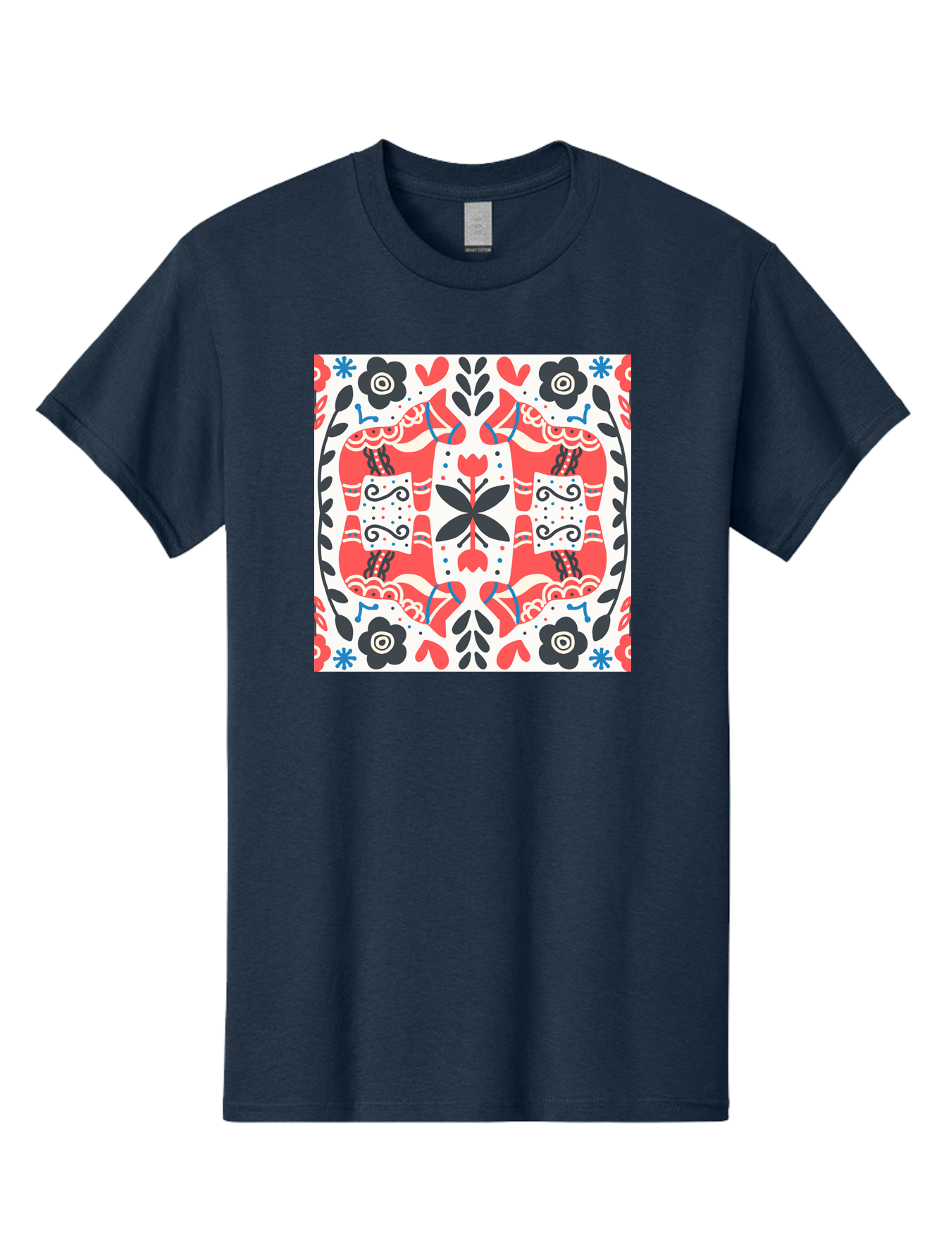 Floral-Pattern-1 Men'S Graphic Tee, 100% Cotton, Comfortable Casual Summer Wear, Machine Washable, Symmetrical Floral Design, Folk Art Style, Red And Black Flowers, Ornate Details, Blue Accents, Traditional Motifs, Decorative Elements, Aab702