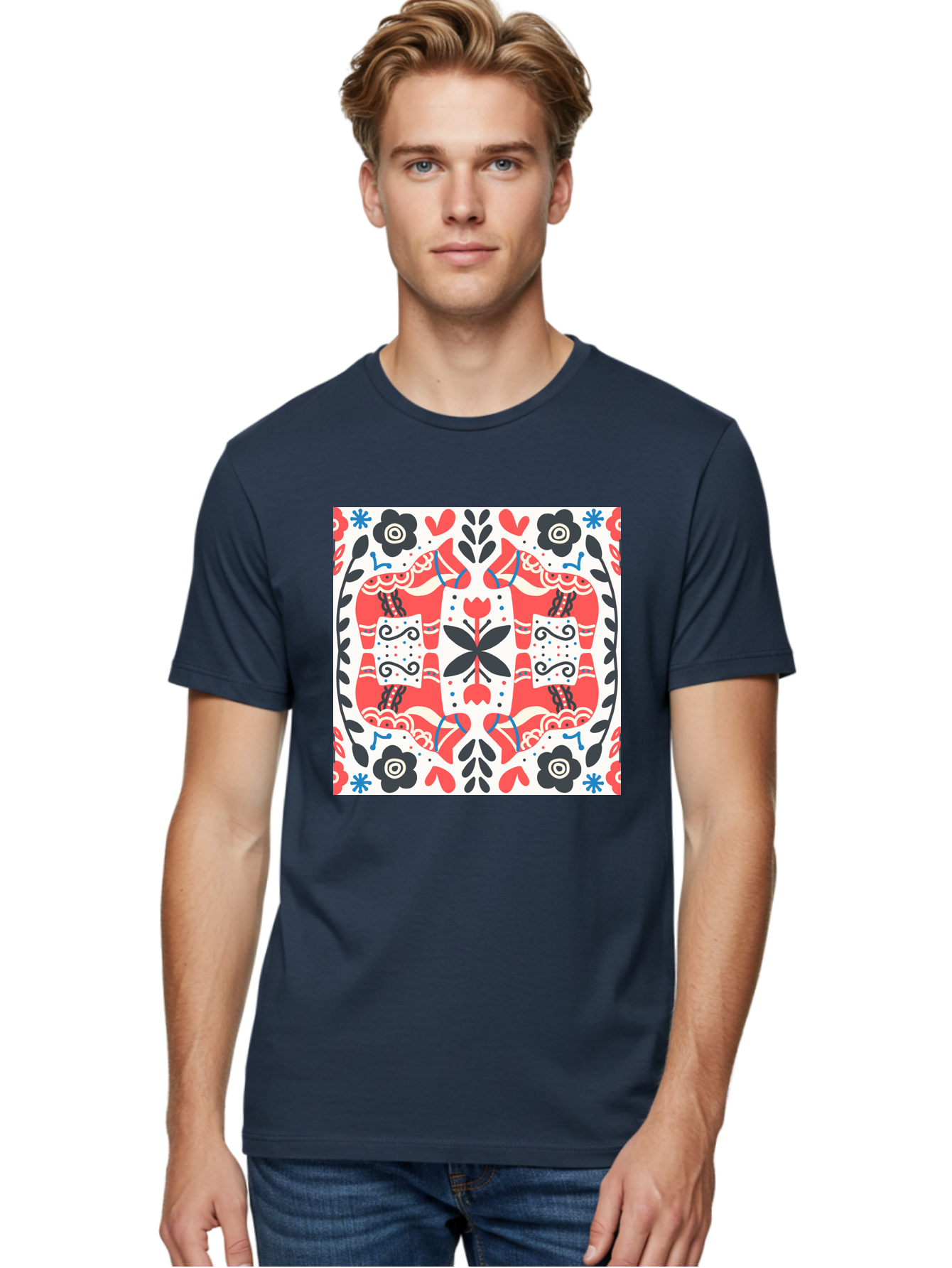 Floral-Pattern-1 Men'S Graphic Tee, 100% Cotton, Comfortable Casual Summer Wear, Machine Washable, Symmetrical Floral Design, Folk Art Style, Red And Black Flowers, Ornate Details, Blue Accents, Traditional Motifs, Decorative Elements, Aab702