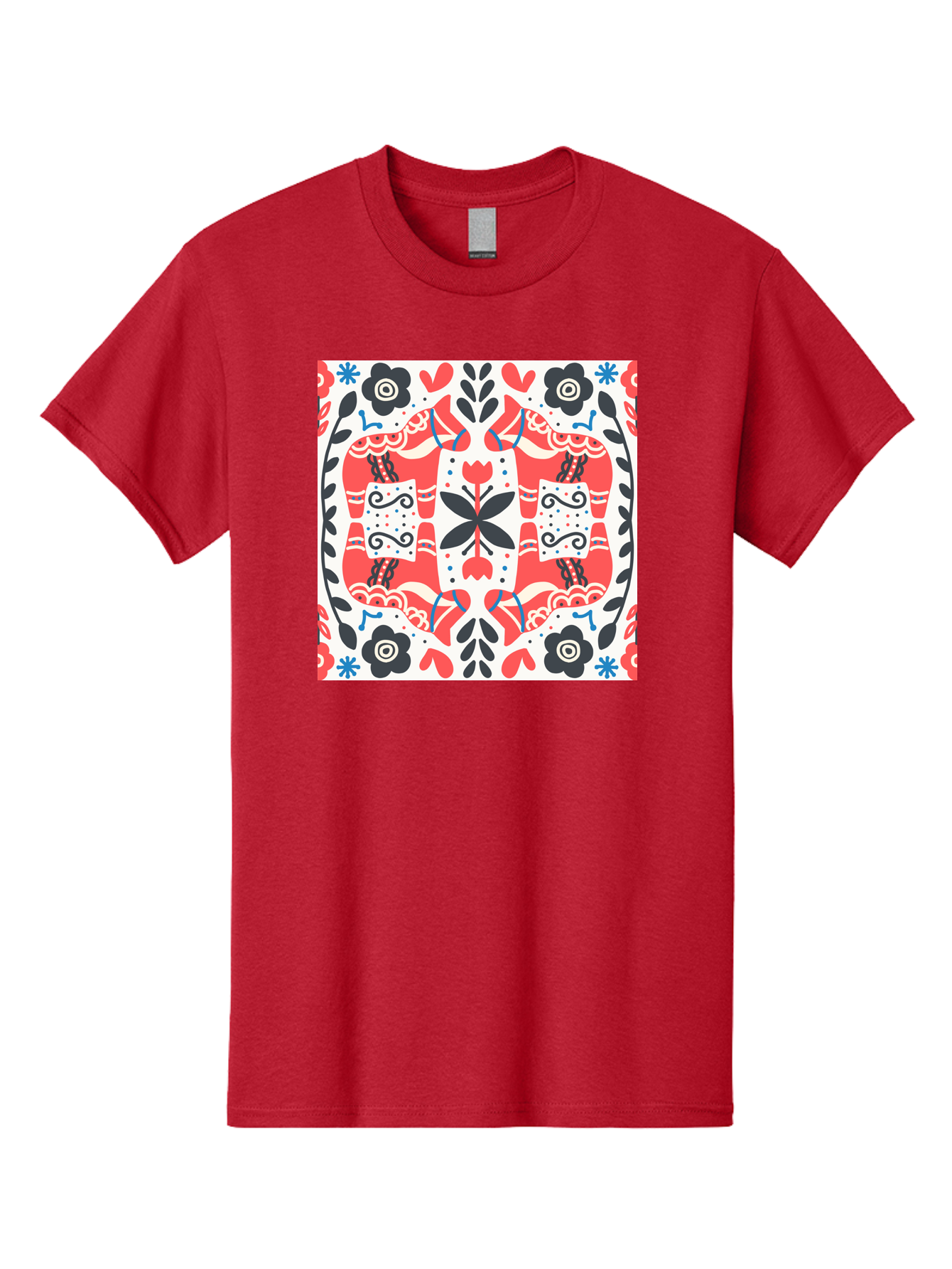 Floral-Pattern-1 Men'S Graphic Tee, 100% Cotton, Comfortable Casual Summer Wear, Machine Washable, Symmetrical Floral Design, Folk Art Style, Red And Black Flowers, Ornate Details, Blue Accents, Traditional Motifs, Decorative Elements, Aab702