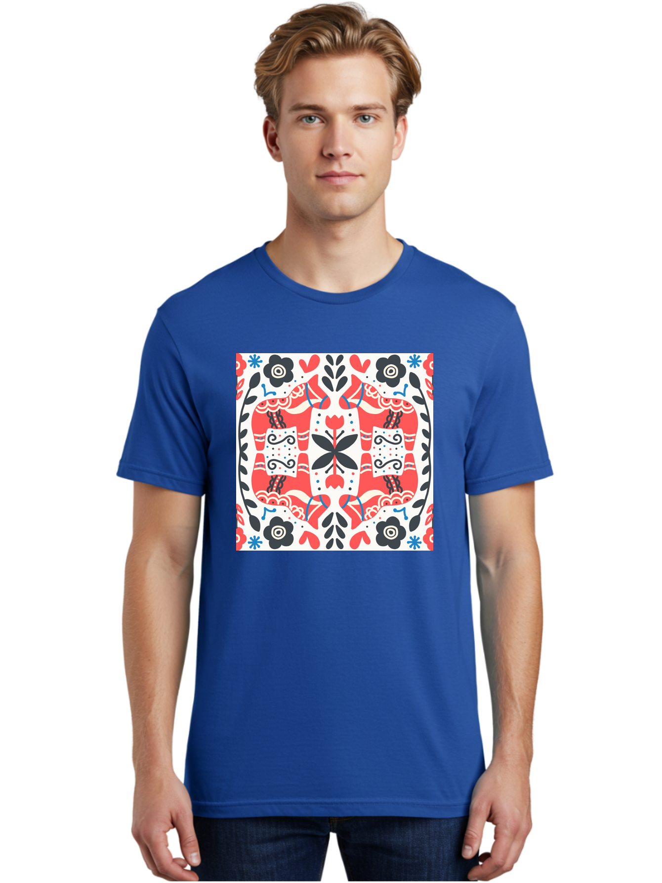 Floral-Pattern-1 Men'S Graphic Tee, 100% Cotton, Comfortable Casual Summer Wear, Machine Washable, Symmetrical Floral Design, Folk Art Style, Red And Black Flowers, Ornate Details, Blue Accents, Traditional Motifs, Decorative Elements, Aab702