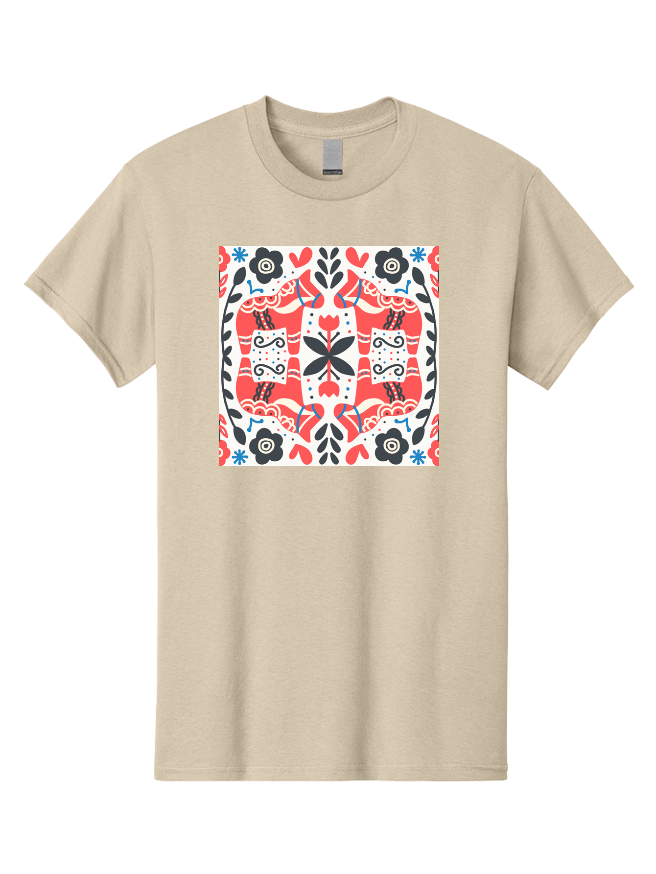 Floral-Pattern-1 Men'S Graphic Tee, 100% Cotton, Comfortable Casual Summer Wear, Machine Washable, Symmetrical Floral Design, Folk Art Style, Red And Black Flowers, Ornate Details, Blue Accents, Traditional Motifs, Decorative Elements, Aab702