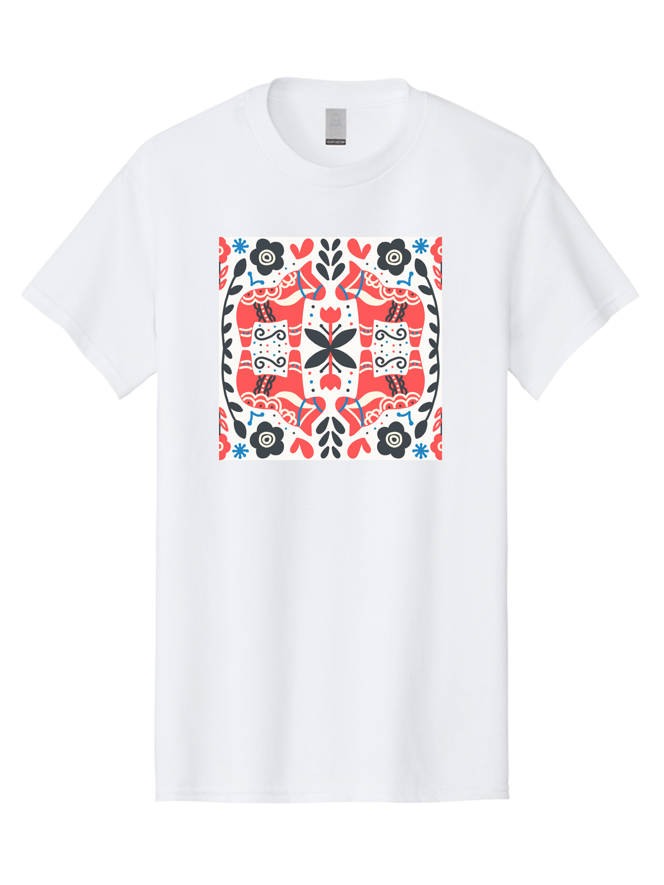 Floral-Pattern-1 Men'S Graphic Tee, 100% Cotton, Comfortable Casual Summer Wear, Machine Washable, Symmetrical Floral Design, Folk Art Style, Red And Black Flowers, Ornate Details, Blue Accents, Traditional Motifs, Decorative Elements, Aab702