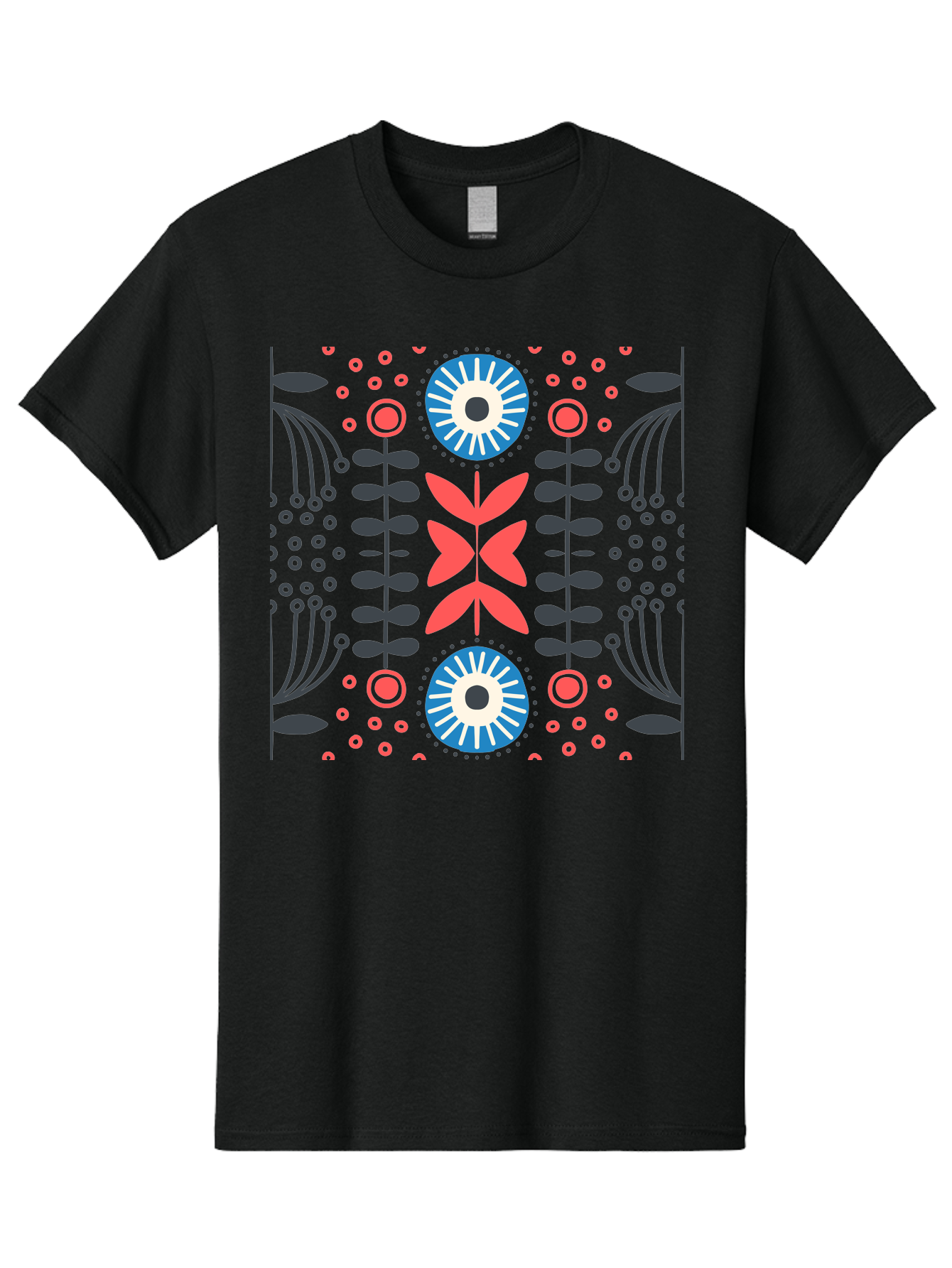 Floral-Pattern-10 Men'S Graphic Tee, 100% Cotton, Comfortable Casual Summer Wear, Machine Washable, Floral Pattern, Stylized Flowers, Symmetrical Design, Blue And Pink Flowers, Black Leaves, Geometric Shapes, Abstract Art, Vibrant Colors, Aab703