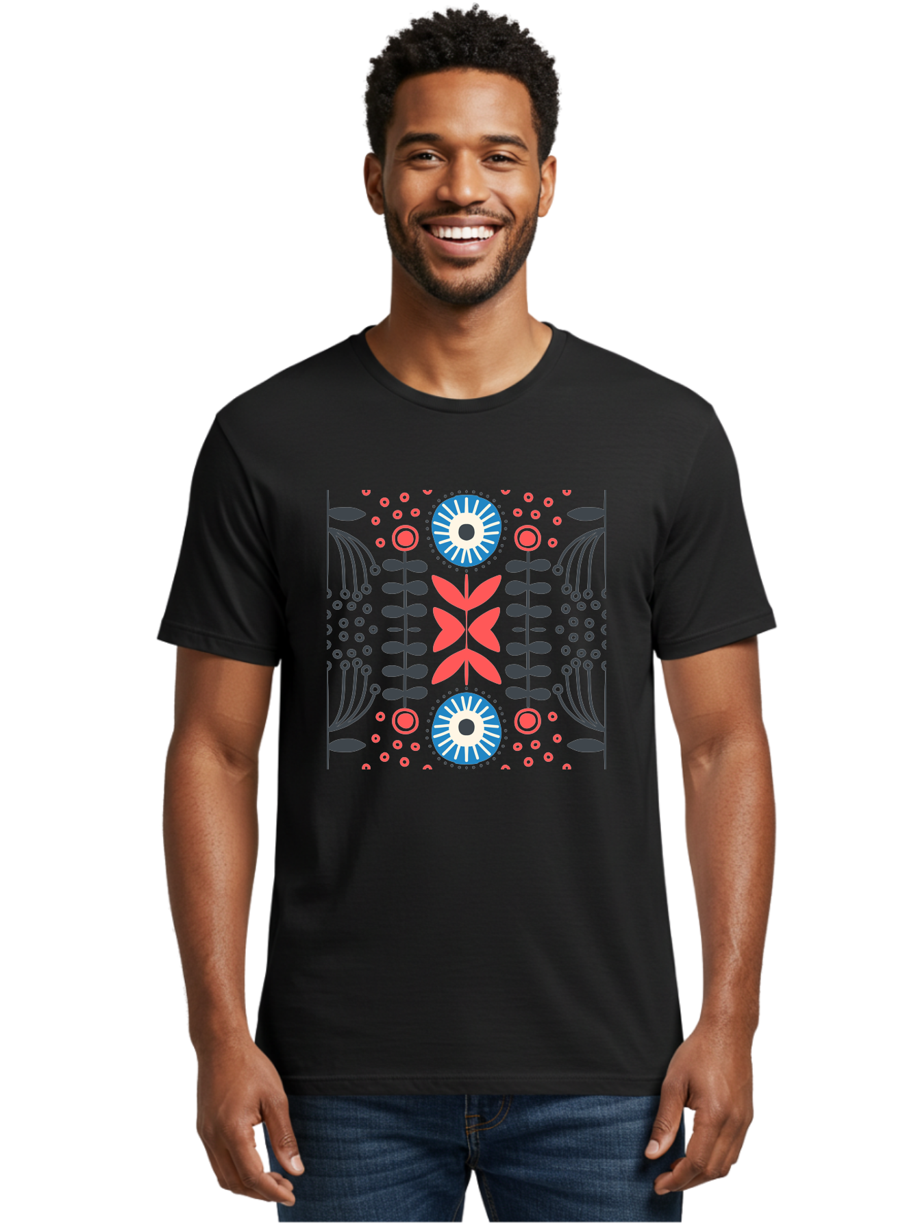 Floral-Pattern-10 Men'S Graphic Tee, 100% Cotton, Comfortable Casual Summer Wear, Machine Washable, Floral Pattern, Stylized Flowers, Symmetrical Design, Blue And Pink Flowers, Black Leaves, Geometric Shapes, Abstract Art, Vibrant Colors, Aab703