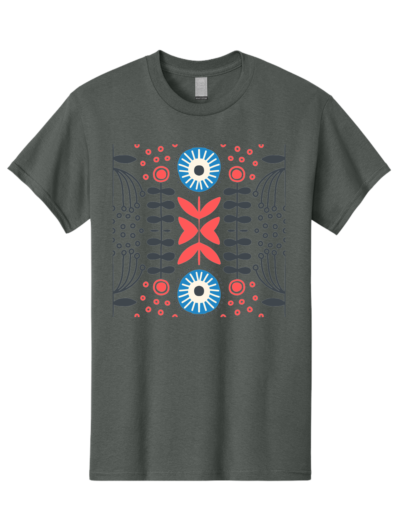 Floral-Pattern-10 Men'S Graphic Tee, 100% Cotton, Comfortable Casual Summer Wear, Machine Washable, Floral Pattern, Stylized Flowers, Symmetrical Design, Blue And Pink Flowers, Black Leaves, Geometric Shapes, Abstract Art, Vibrant Colors, Aab703