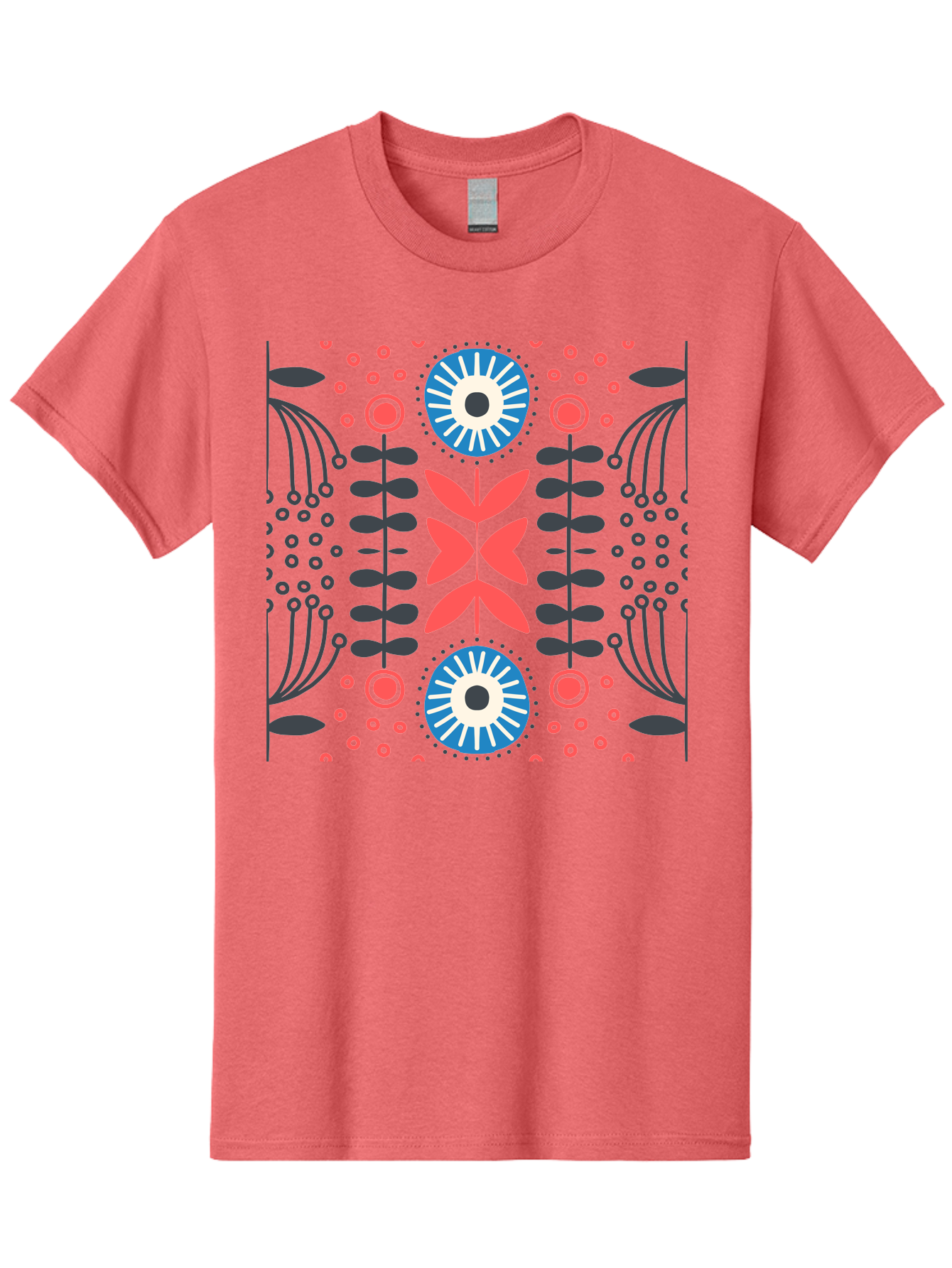 Floral-Pattern-10 Men'S Graphic Tee, 100% Cotton, Comfortable Casual Summer Wear, Machine Washable, Floral Pattern, Stylized Flowers, Symmetrical Design, Blue And Pink Flowers, Black Leaves, Geometric Shapes, Abstract Art, Vibrant Colors, Aab703