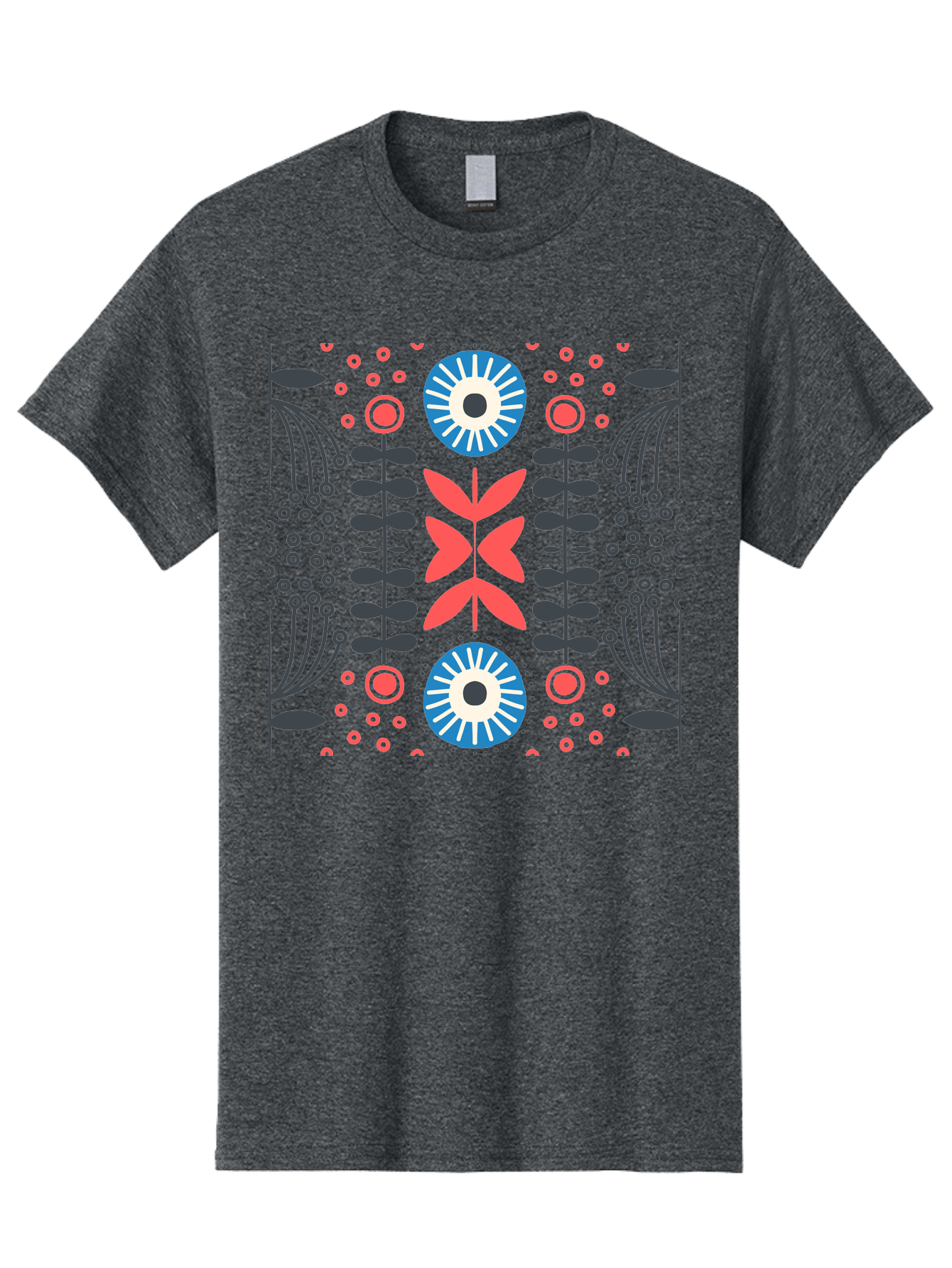 Floral-Pattern-10 Men'S Graphic Tee, 100% Cotton, Comfortable Casual Summer Wear, Machine Washable, Floral Pattern, Stylized Flowers, Symmetrical Design, Blue And Pink Flowers, Black Leaves, Geometric Shapes, Abstract Art, Vibrant Colors, Aab703