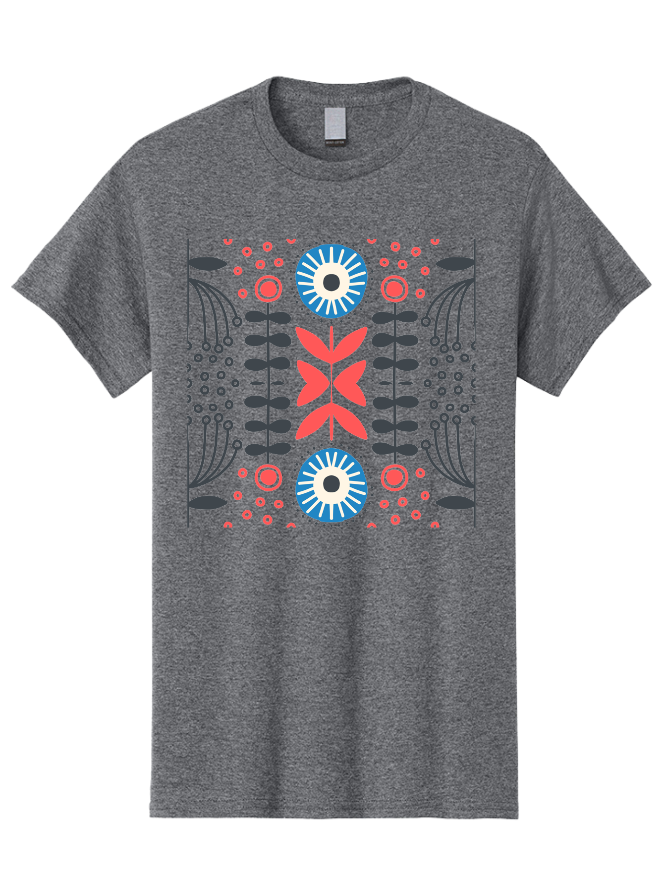 Floral-Pattern-10 Men'S Graphic Tee, 100% Cotton, Comfortable Casual Summer Wear, Machine Washable, Floral Pattern, Stylized Flowers, Symmetrical Design, Blue And Pink Flowers, Black Leaves, Geometric Shapes, Abstract Art, Vibrant Colors, Aab703