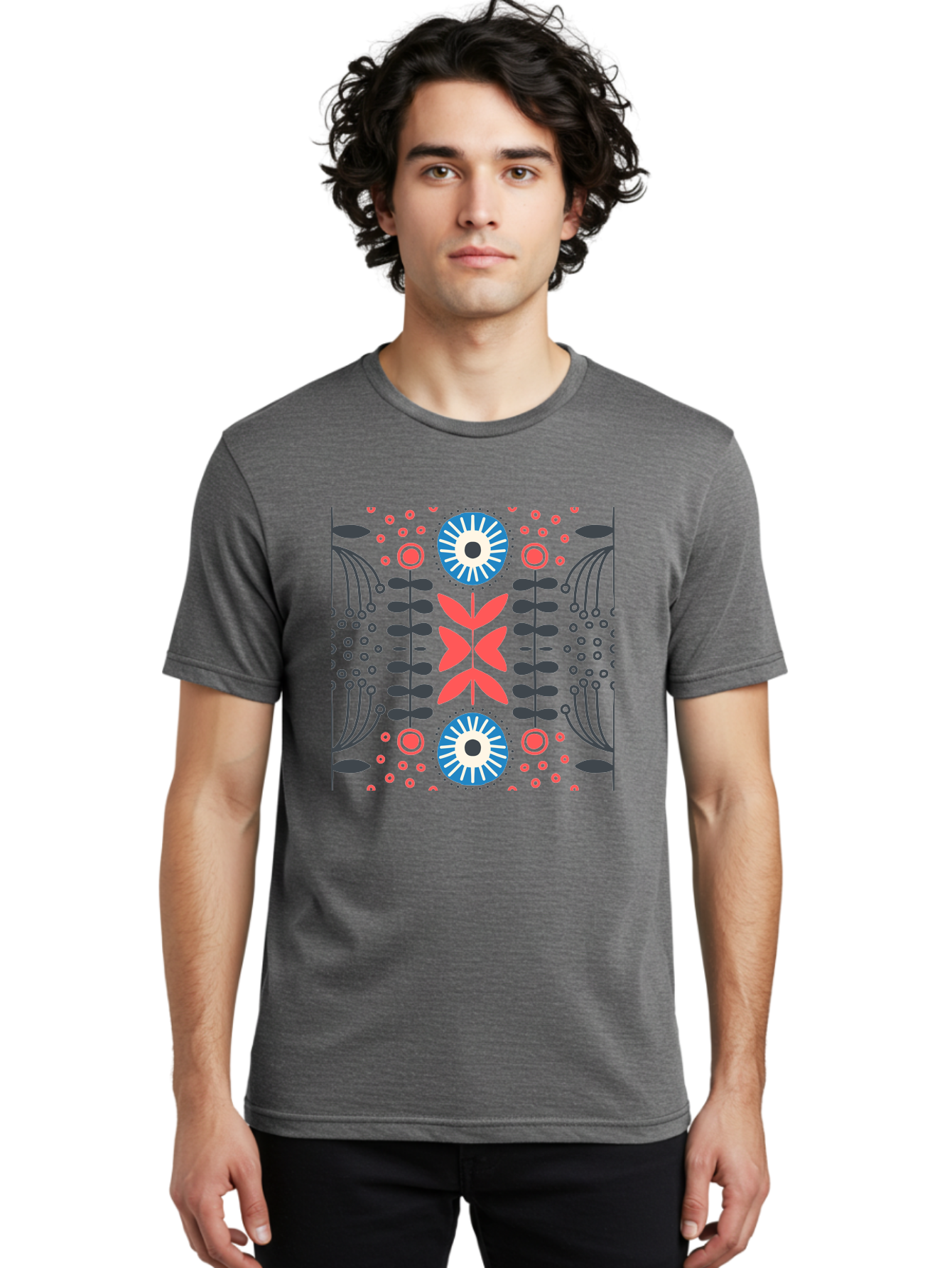Floral-Pattern-10 Men'S Graphic Tee, 100% Cotton, Comfortable Casual Summer Wear, Machine Washable, Floral Pattern, Stylized Flowers, Symmetrical Design, Blue And Pink Flowers, Black Leaves, Geometric Shapes, Abstract Art, Vibrant Colors, Aab703