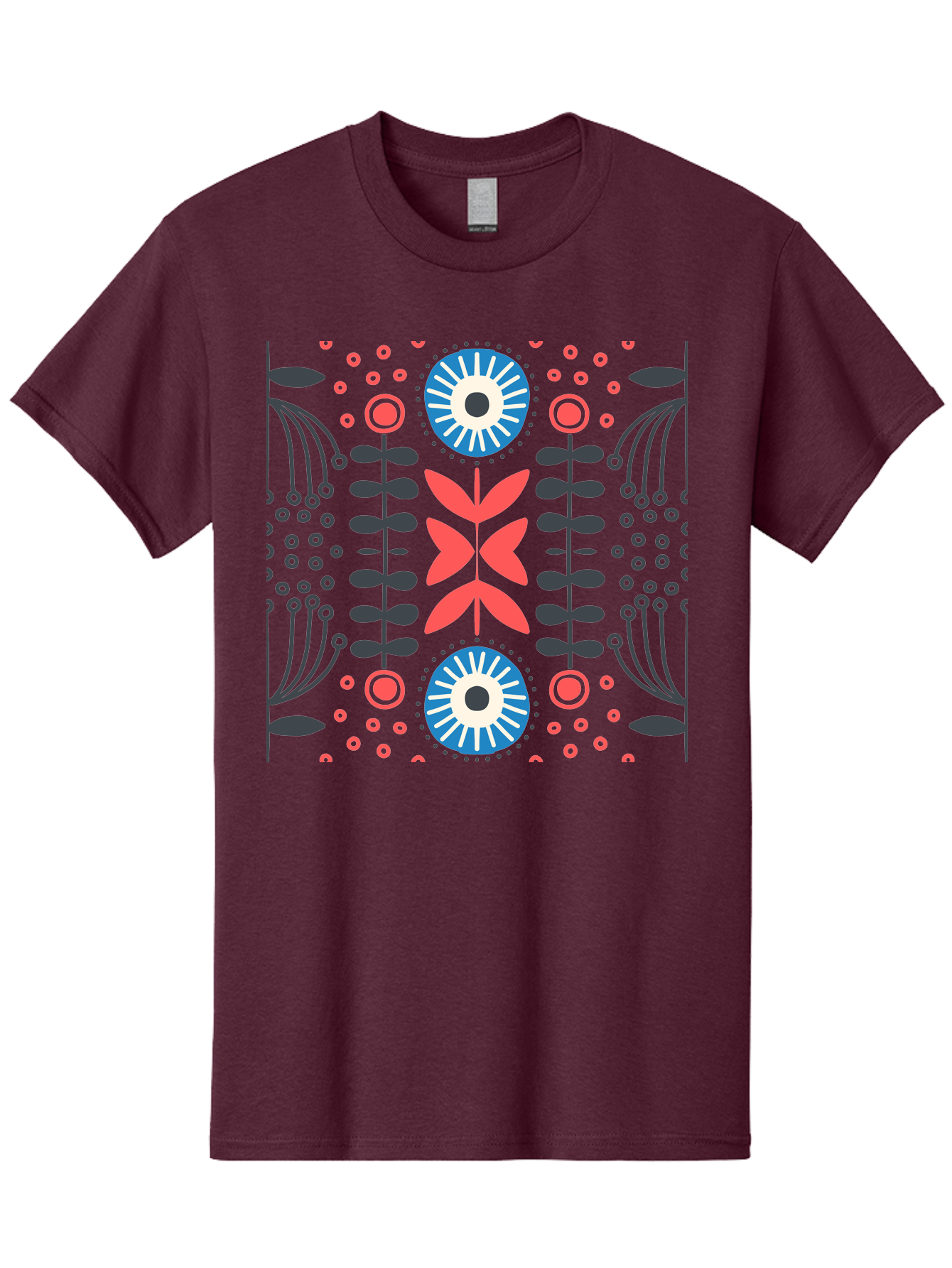 Floral-Pattern-10 Men'S Graphic Tee, 100% Cotton, Comfortable Casual Summer Wear, Machine Washable, Floral Pattern, Stylized Flowers, Symmetrical Design, Blue And Pink Flowers, Black Leaves, Geometric Shapes, Abstract Art, Vibrant Colors, Aab703