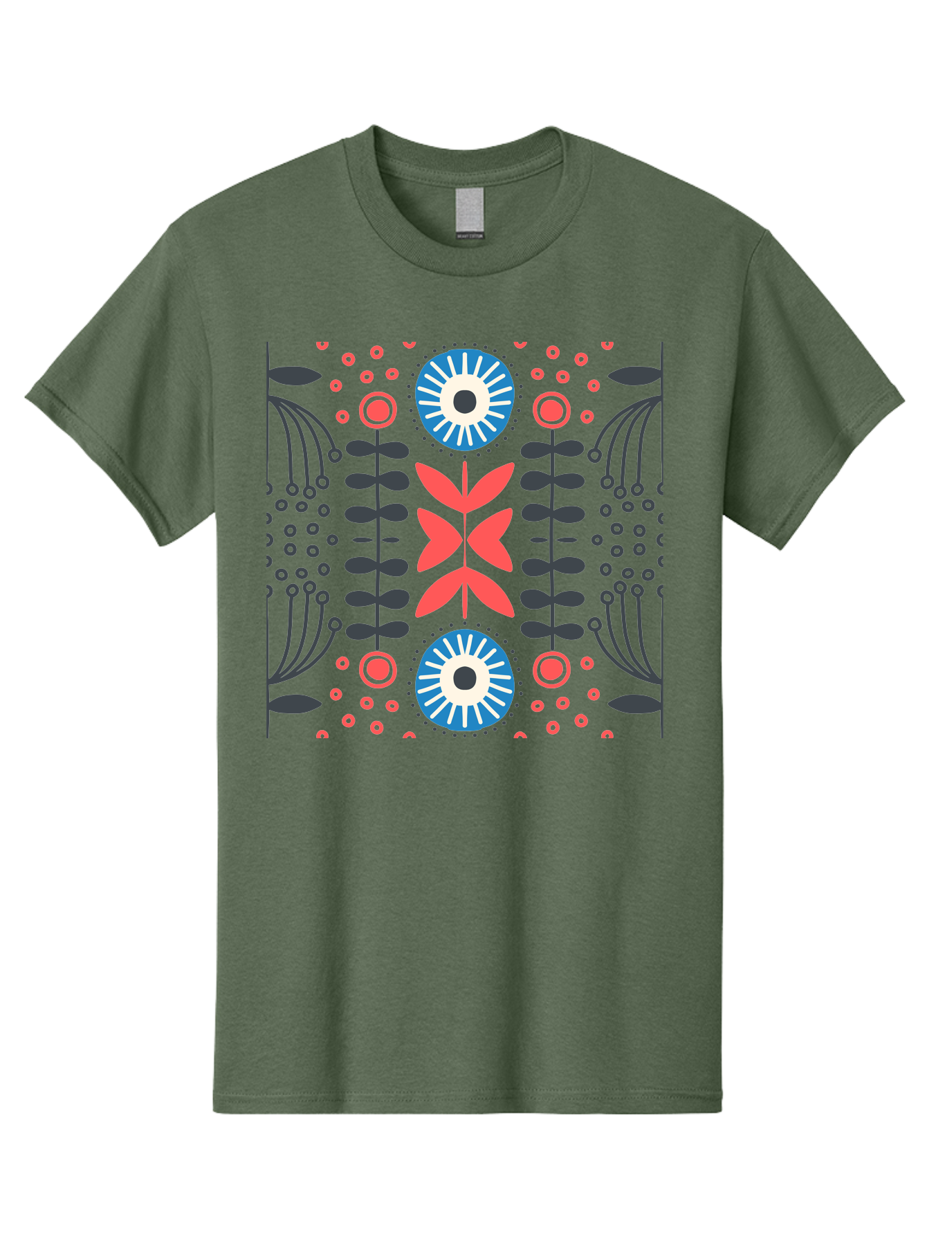 Floral-Pattern-10 Men'S Graphic Tee, 100% Cotton, Comfortable Casual Summer Wear, Machine Washable, Floral Pattern, Stylized Flowers, Symmetrical Design, Blue And Pink Flowers, Black Leaves, Geometric Shapes, Abstract Art, Vibrant Colors, Aab703