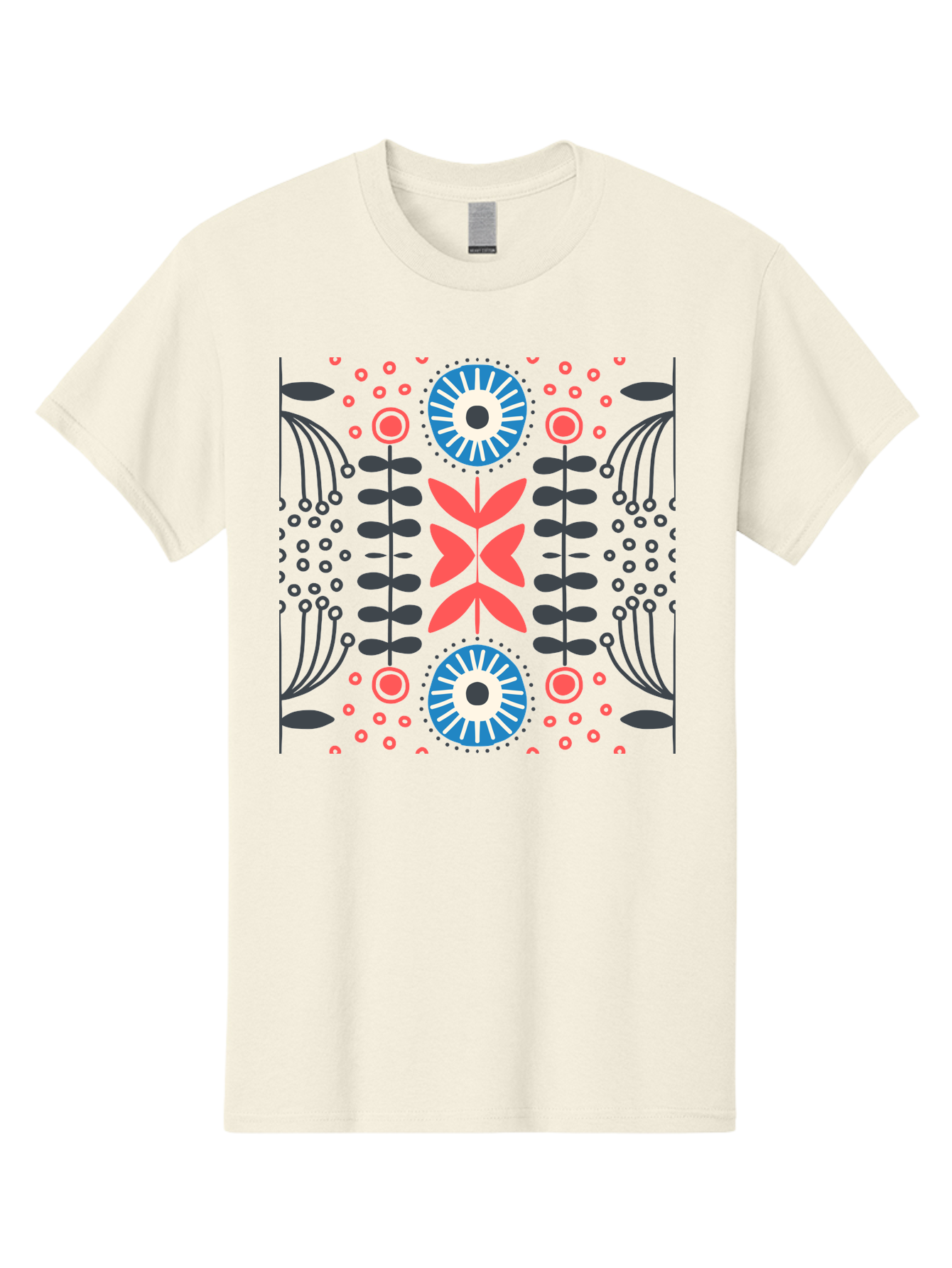 Floral-Pattern-10 Men'S Graphic Tee, 100% Cotton, Comfortable Casual Summer Wear, Machine Washable, Floral Pattern, Stylized Flowers, Symmetrical Design, Blue And Pink Flowers, Black Leaves, Geometric Shapes, Abstract Art, Vibrant Colors, Aab703