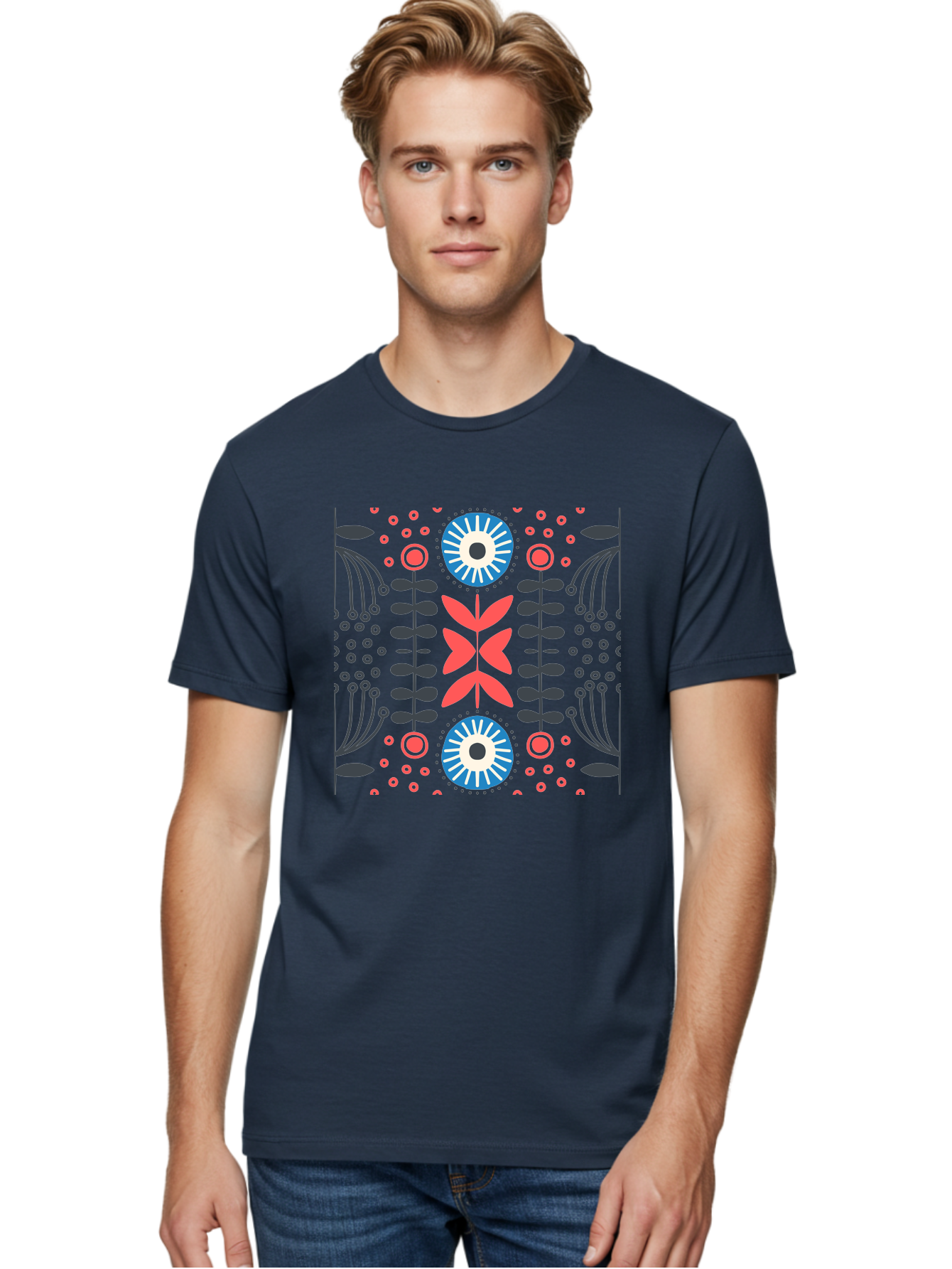 Floral-Pattern-10 Men'S Graphic Tee, 100% Cotton, Comfortable Casual Summer Wear, Machine Washable, Floral Pattern, Stylized Flowers, Symmetrical Design, Blue And Pink Flowers, Black Leaves, Geometric Shapes, Abstract Art, Vibrant Colors, Aab703