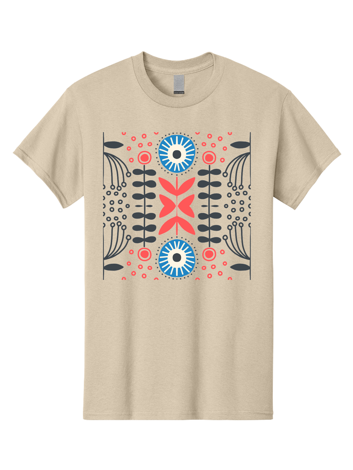 Floral-Pattern-10 Men'S Graphic Tee, 100% Cotton, Comfortable Casual Summer Wear, Machine Washable, Floral Pattern, Stylized Flowers, Symmetrical Design, Blue And Pink Flowers, Black Leaves, Geometric Shapes, Abstract Art, Vibrant Colors, Aab703