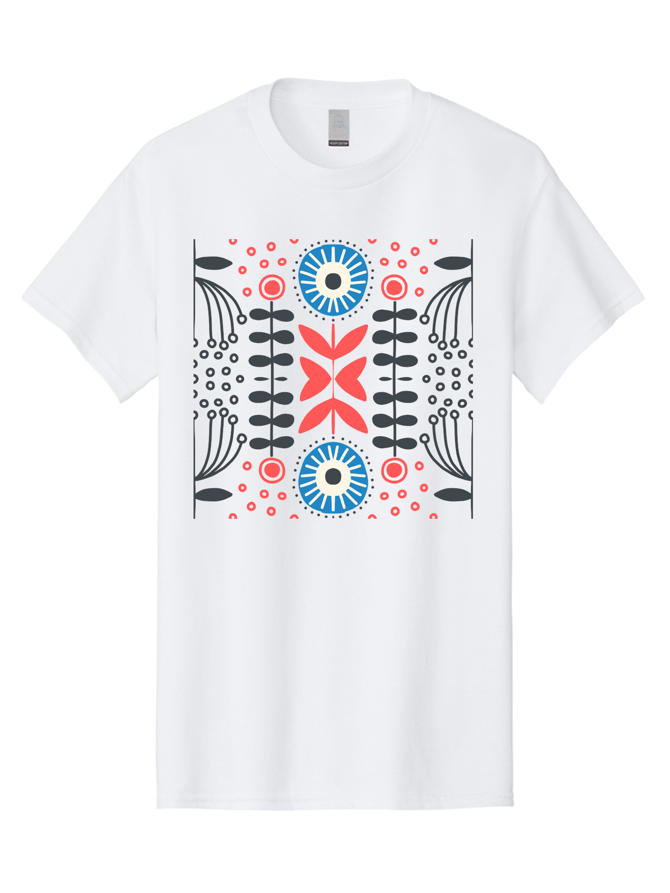 Floral-Pattern-10 Men'S Graphic Tee, 100% Cotton, Comfortable Casual Summer Wear, Machine Washable, Floral Pattern, Stylized Flowers, Symmetrical Design, Blue And Pink Flowers, Black Leaves, Geometric Shapes, Abstract Art, Vibrant Colors, Aab703