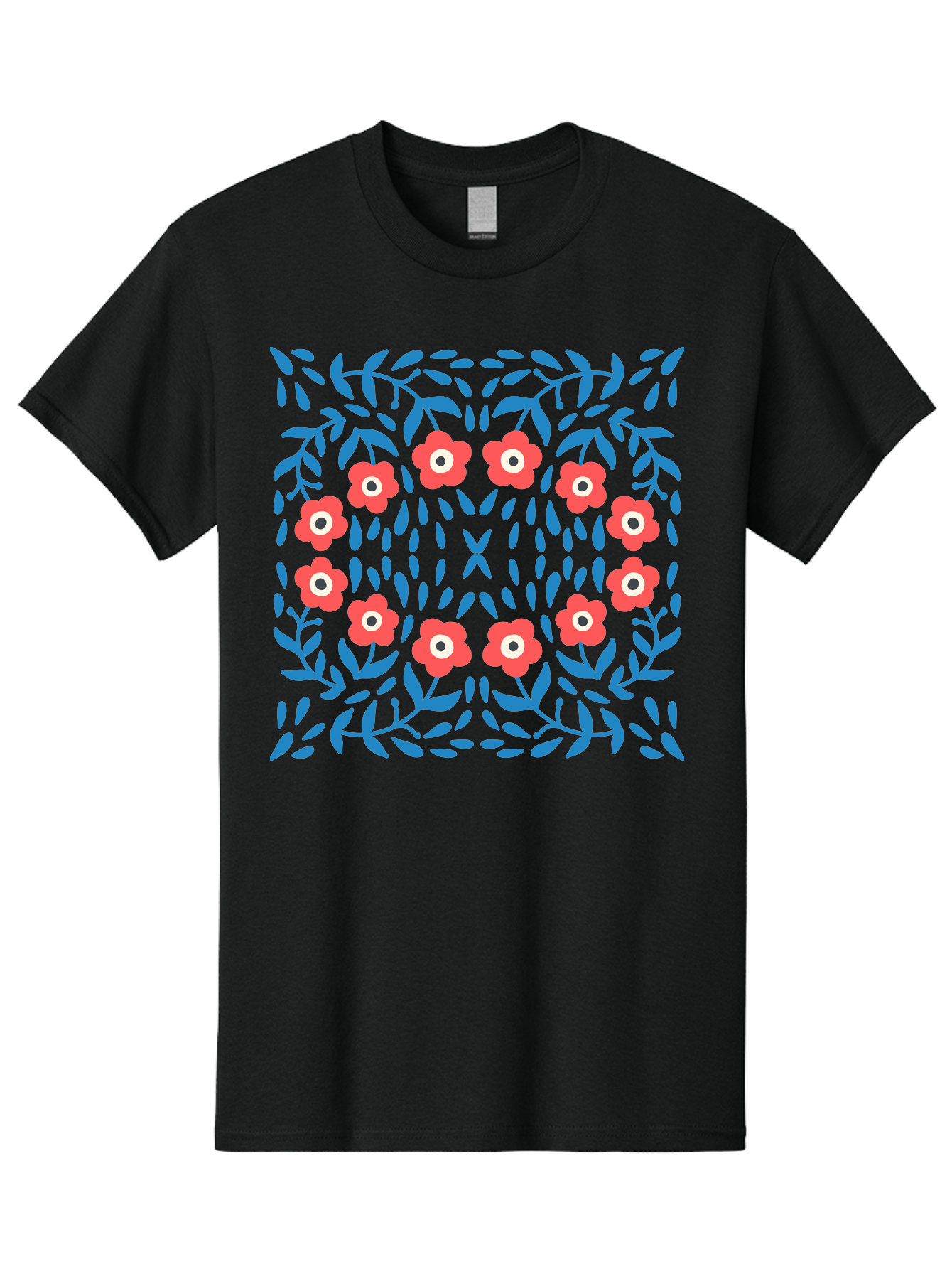 Floral-Pattern-11 Men'S Graphic Tee, 100% Cotton, Comfortable Casual Summer Wear, Machine Washable, Pink Flowers, Floral Pattern, Blue Leaves, Symmetrical Design, Abstract Art, Vibrant Colors, Playful Graphics, Whimsical Elements, Aab704