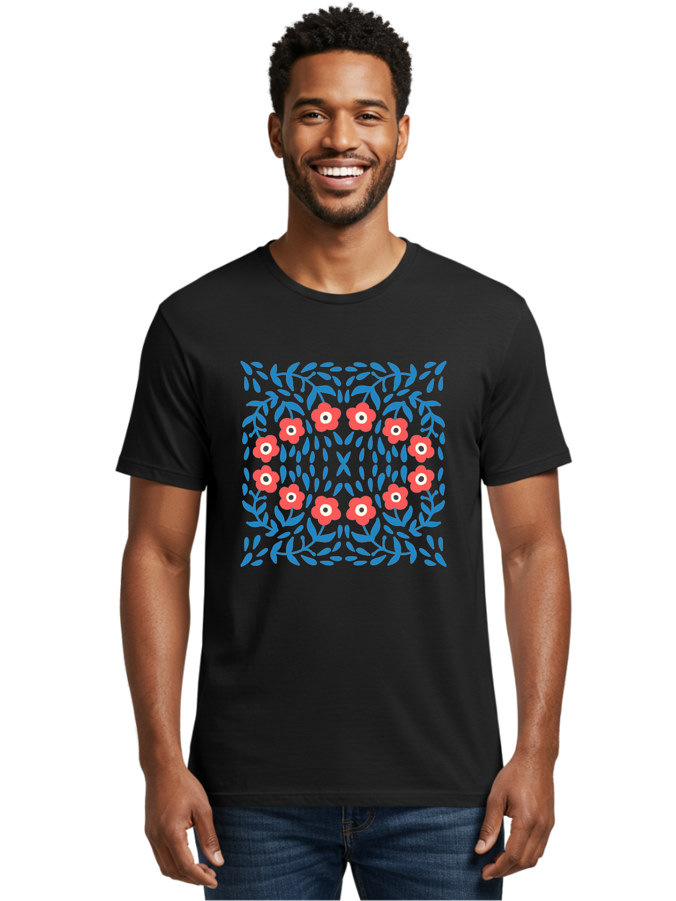Floral-Pattern-11 Men'S Graphic Tee, 100% Cotton, Comfortable Casual Summer Wear, Machine Washable, Pink Flowers, Floral Pattern, Blue Leaves, Symmetrical Design, Abstract Art, Vibrant Colors, Playful Graphics, Whimsical Elements, Aab704