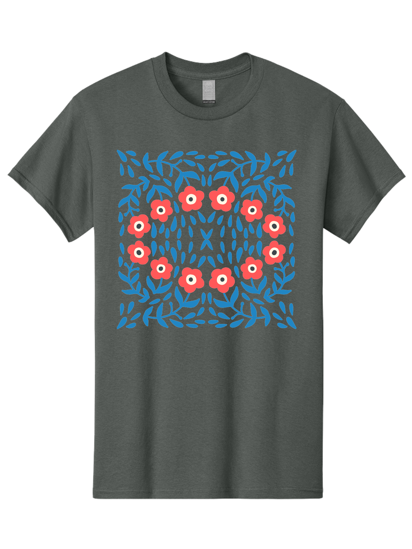 Floral-Pattern-11 Men'S Graphic Tee, 100% Cotton, Comfortable Casual Summer Wear, Machine Washable, Pink Flowers, Floral Pattern, Blue Leaves, Symmetrical Design, Abstract Art, Vibrant Colors, Playful Graphics, Whimsical Elements, Aab704