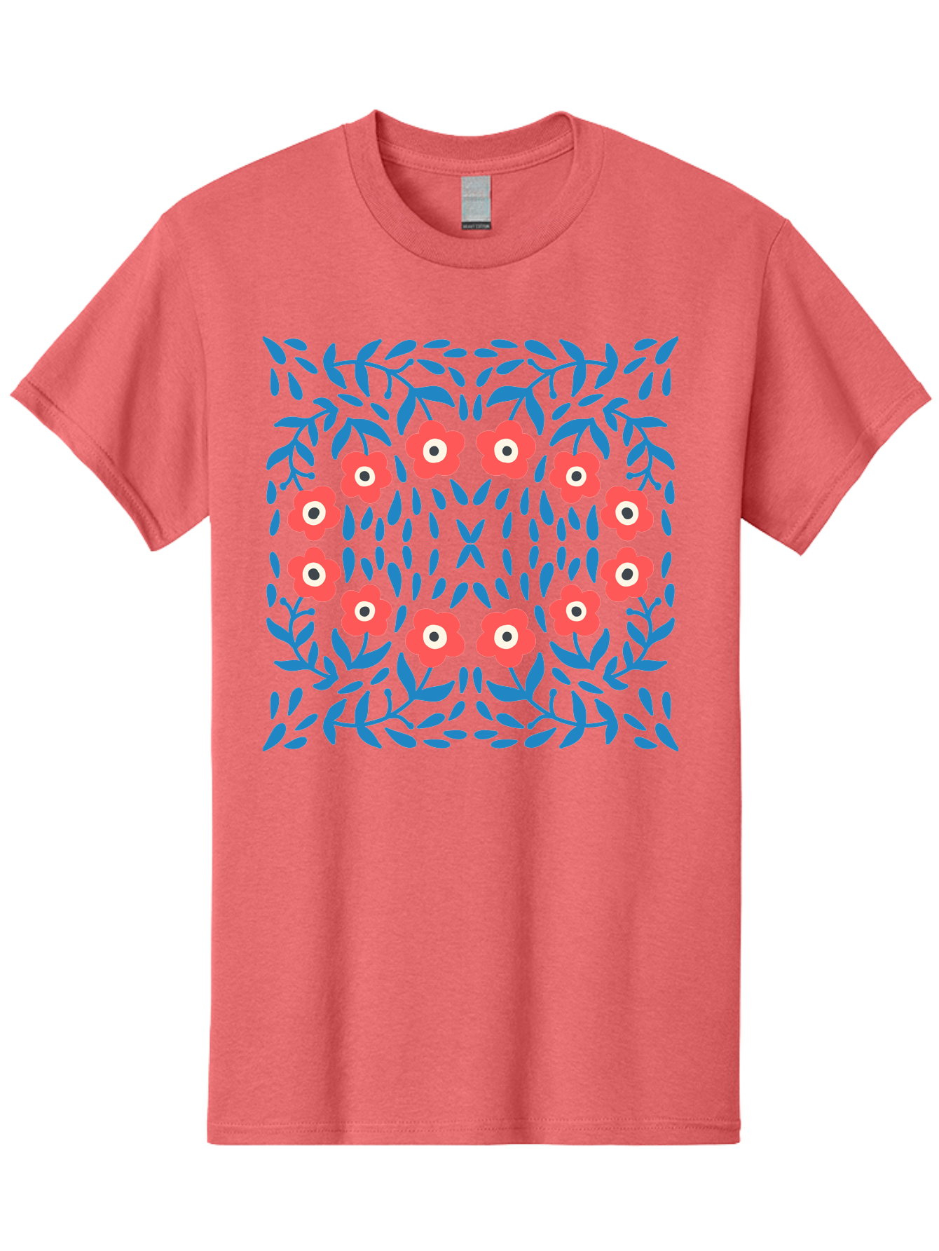 Floral-Pattern-11 Men'S Graphic Tee, 100% Cotton, Comfortable Casual Summer Wear, Machine Washable, Pink Flowers, Floral Pattern, Blue Leaves, Symmetrical Design, Abstract Art, Vibrant Colors, Playful Graphics, Whimsical Elements, Aab704