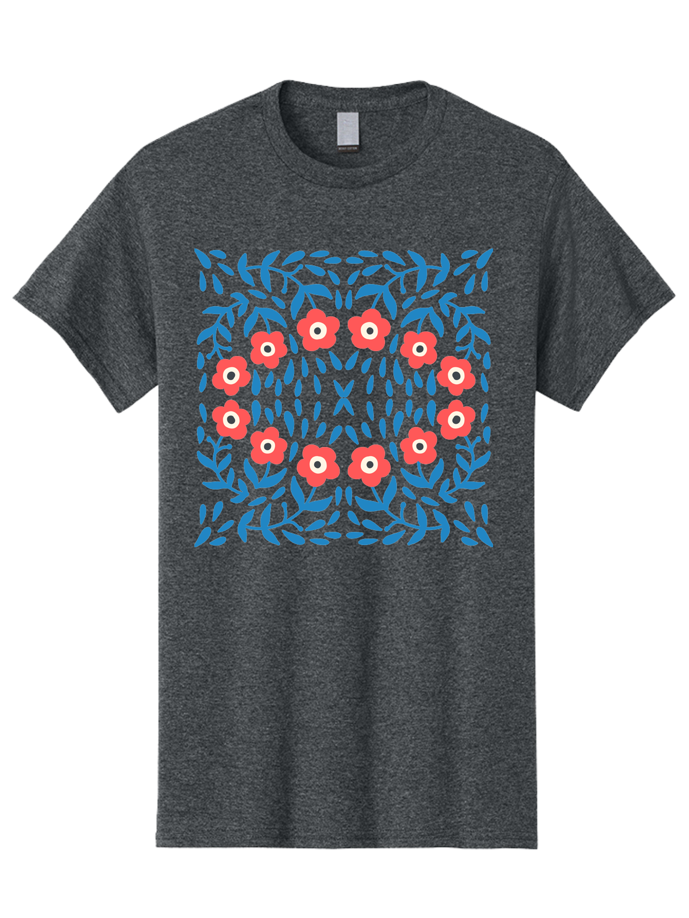 Floral-Pattern-11 Men'S Graphic Tee, 100% Cotton, Comfortable Casual Summer Wear, Machine Washable, Pink Flowers, Floral Pattern, Blue Leaves, Symmetrical Design, Abstract Art, Vibrant Colors, Playful Graphics, Whimsical Elements, Aab704