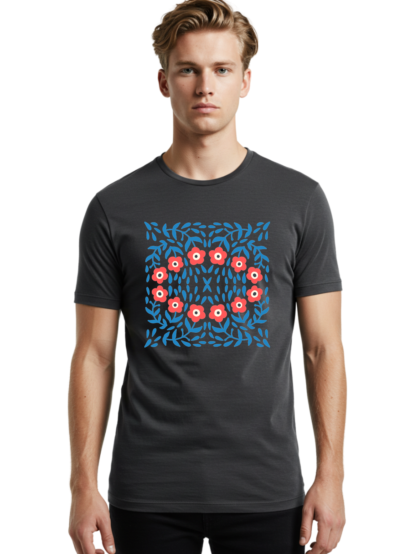 Floral-Pattern-11 Men'S Graphic Tee, 100% Cotton, Comfortable Casual Summer Wear, Machine Washable, Pink Flowers, Floral Pattern, Blue Leaves, Symmetrical Design, Abstract Art, Vibrant Colors, Playful Graphics, Whimsical Elements, Aab704