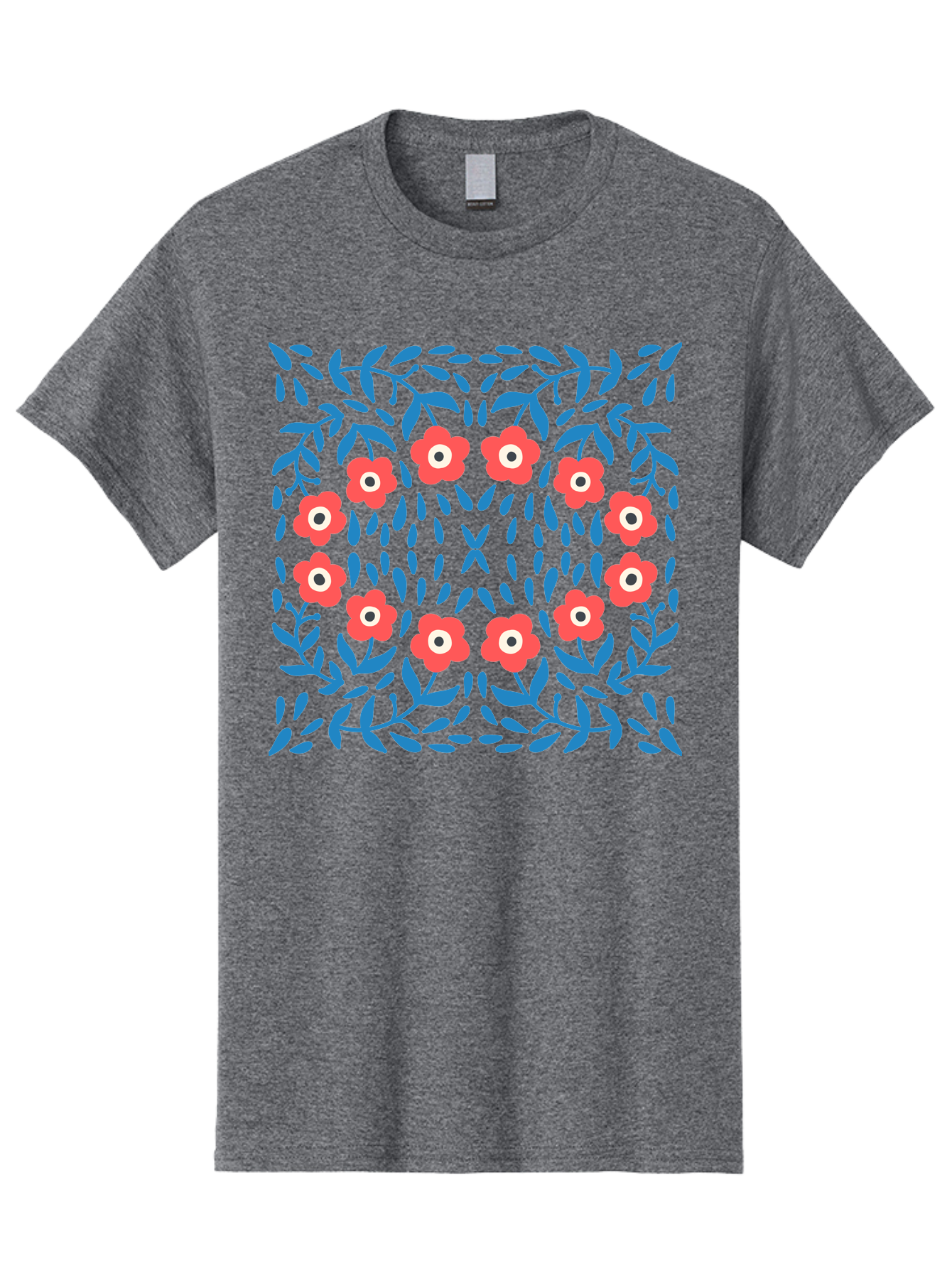 Floral-Pattern-11 Men'S Graphic Tee, 100% Cotton, Comfortable Casual Summer Wear, Machine Washable, Pink Flowers, Floral Pattern, Blue Leaves, Symmetrical Design, Abstract Art, Vibrant Colors, Playful Graphics, Whimsical Elements, Aab704