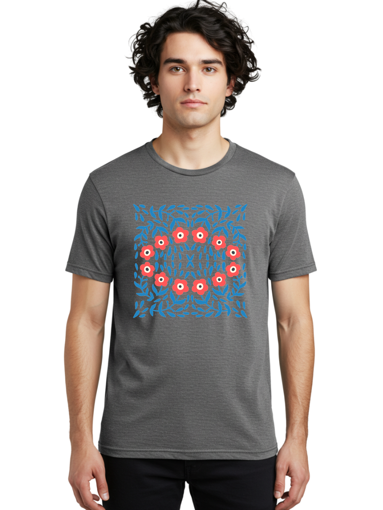 Floral-Pattern-11 Men'S Graphic Tee, 100% Cotton, Comfortable Casual Summer Wear, Machine Washable, Pink Flowers, Floral Pattern, Blue Leaves, Symmetrical Design, Abstract Art, Vibrant Colors, Playful Graphics, Whimsical Elements, Aab704