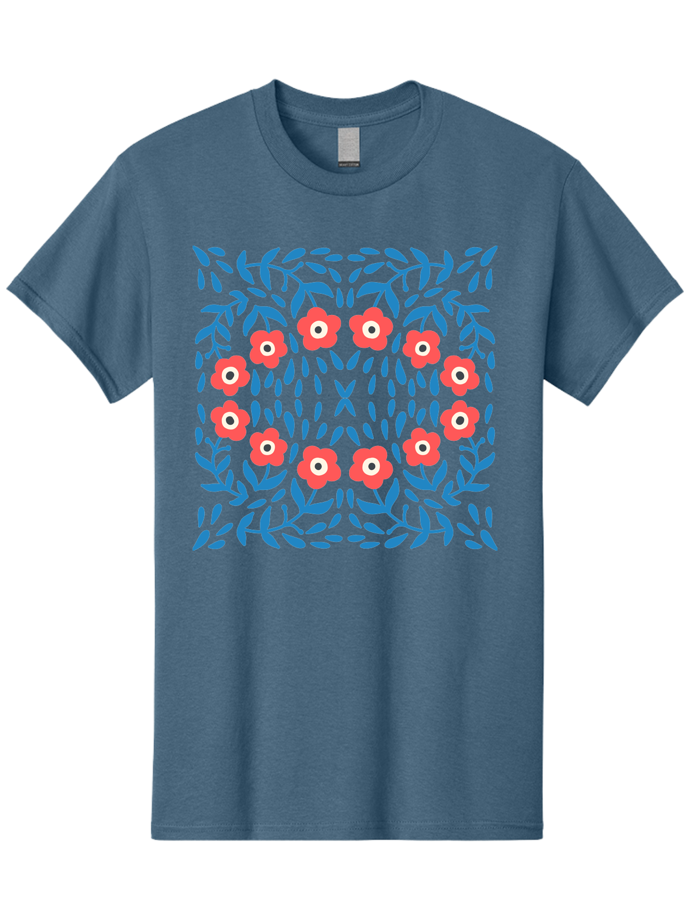 Floral-Pattern-11 Men'S Graphic Tee, 100% Cotton, Comfortable Casual Summer Wear, Machine Washable, Pink Flowers, Floral Pattern, Blue Leaves, Symmetrical Design, Abstract Art, Vibrant Colors, Playful Graphics, Whimsical Elements, Aab704