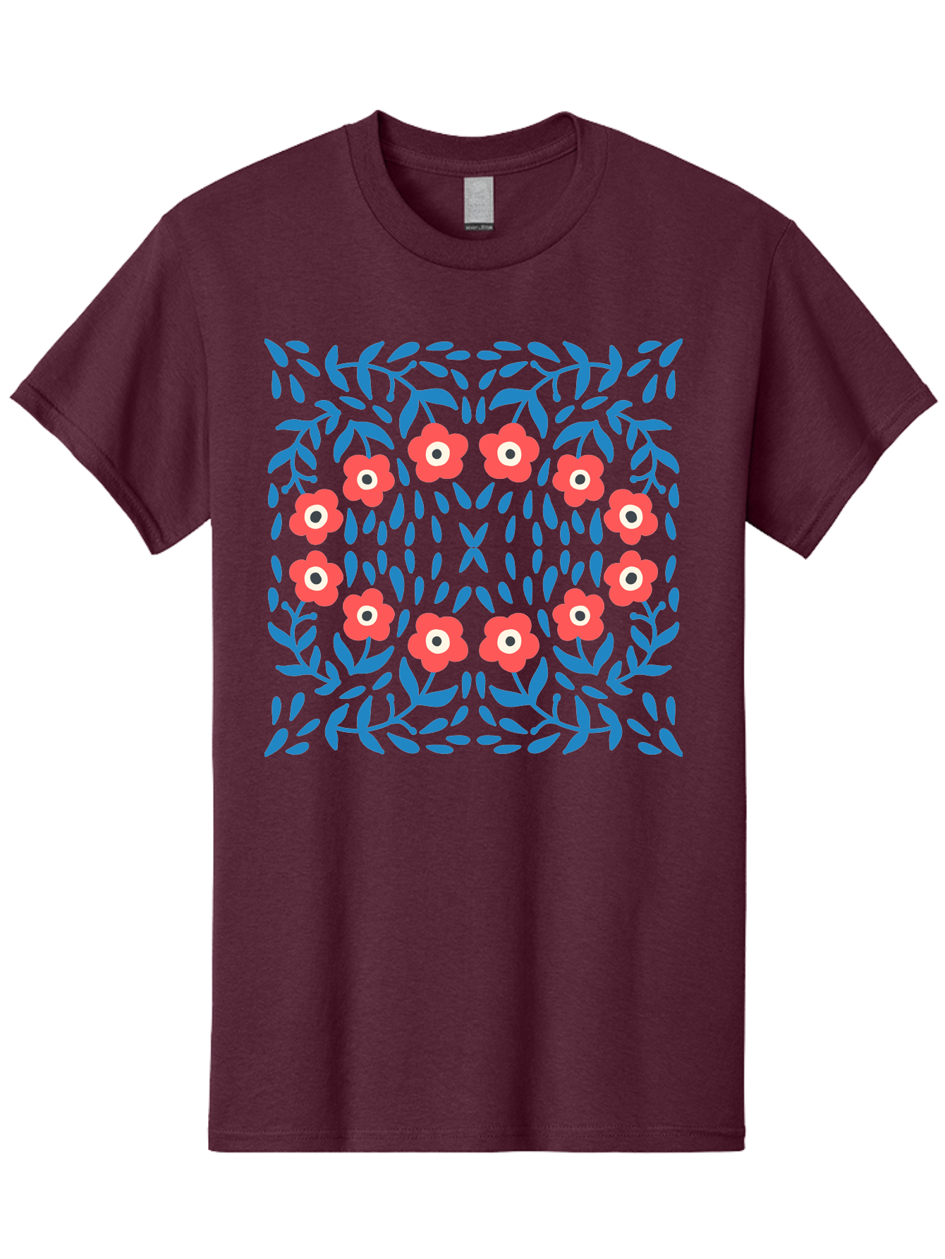 Floral-Pattern-11 Men'S Graphic Tee, 100% Cotton, Comfortable Casual Summer Wear, Machine Washable, Pink Flowers, Floral Pattern, Blue Leaves, Symmetrical Design, Abstract Art, Vibrant Colors, Playful Graphics, Whimsical Elements, Aab704