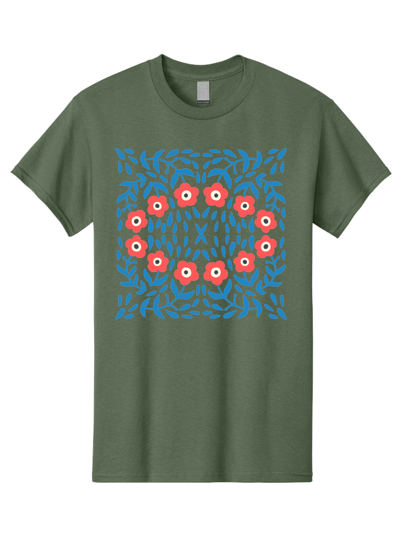 Floral-Pattern-11 Men'S Graphic Tee, 100% Cotton, Comfortable Casual Summer Wear, Machine Washable, Pink Flowers, Floral Pattern, Blue Leaves, Symmetrical Design, Abstract Art, Vibrant Colors, Playful Graphics, Whimsical Elements, Aab704