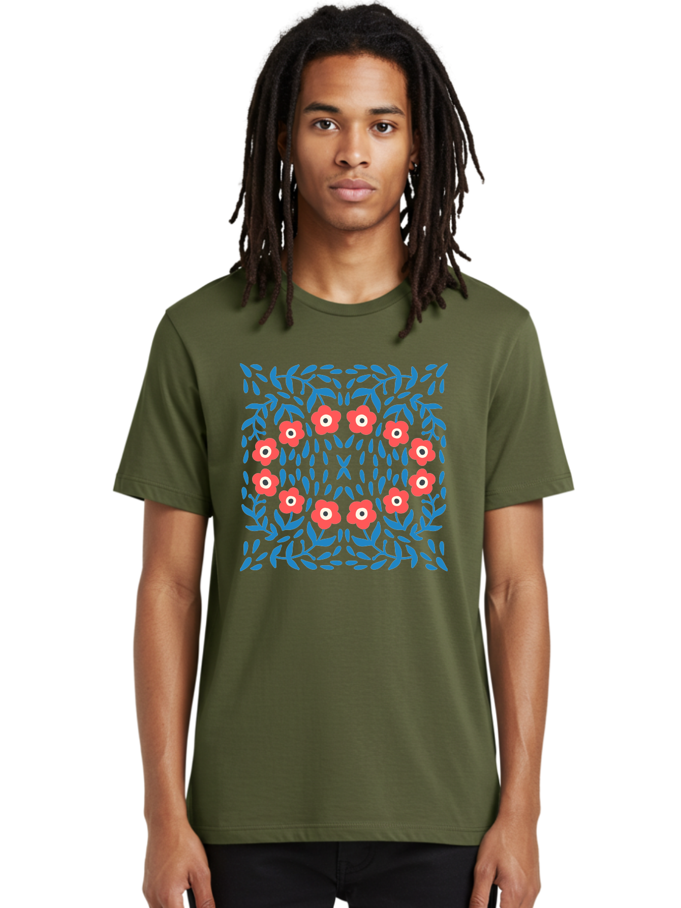 Floral-Pattern-11 Men'S Graphic Tee, 100% Cotton, Comfortable Casual Summer Wear, Machine Washable, Pink Flowers, Floral Pattern, Blue Leaves, Symmetrical Design, Abstract Art, Vibrant Colors, Playful Graphics, Whimsical Elements, Aab704