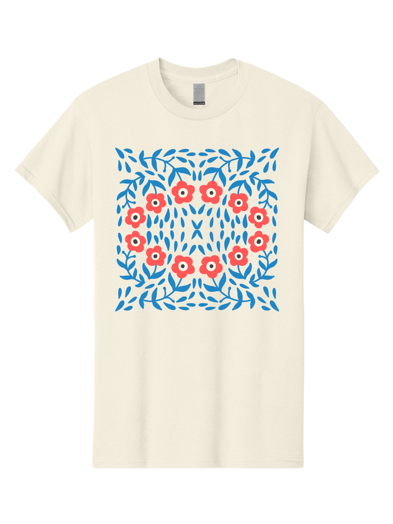 Floral-Pattern-11 Men'S Graphic Tee, 100% Cotton, Comfortable Casual Summer Wear, Machine Washable, Pink Flowers, Floral Pattern, Blue Leaves, Symmetrical Design, Abstract Art, Vibrant Colors, Playful Graphics, Whimsical Elements, Aab704