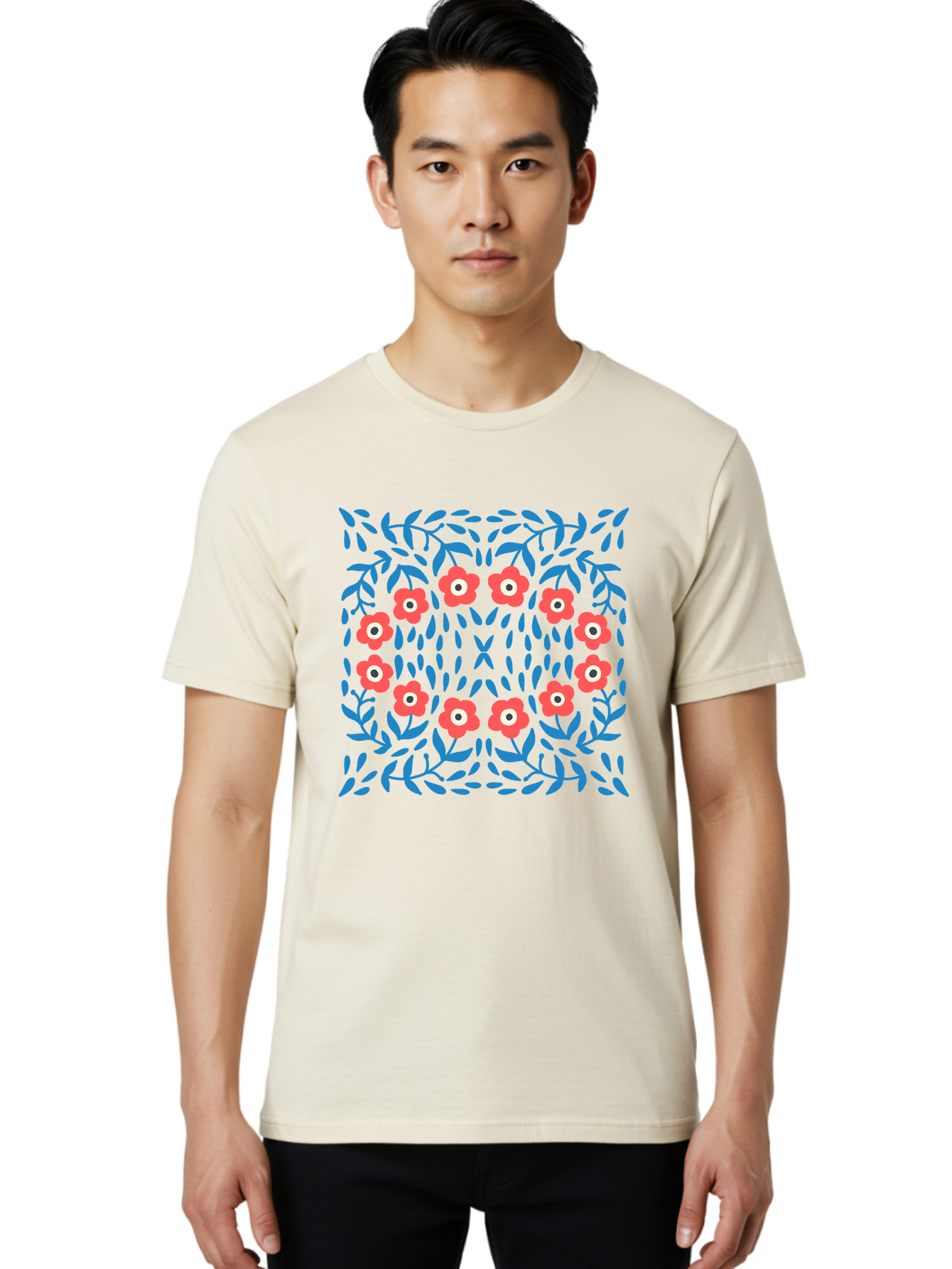 Floral-Pattern-11 Men'S Graphic Tee, 100% Cotton, Comfortable Casual Summer Wear, Machine Washable, Pink Flowers, Floral Pattern, Blue Leaves, Symmetrical Design, Abstract Art, Vibrant Colors, Playful Graphics, Whimsical Elements, Aab704