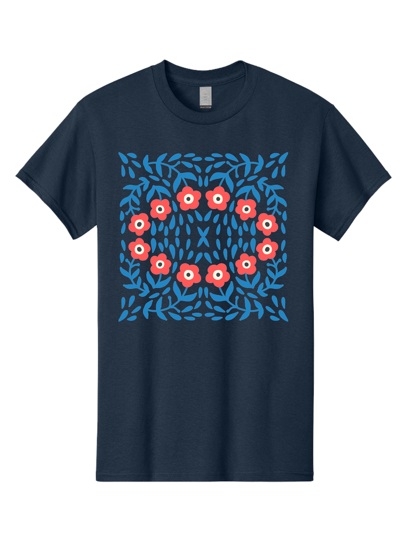 Floral-Pattern-11 Men'S Graphic Tee, 100% Cotton, Comfortable Casual Summer Wear, Machine Washable, Pink Flowers, Floral Pattern, Blue Leaves, Symmetrical Design, Abstract Art, Vibrant Colors, Playful Graphics, Whimsical Elements, Aab704