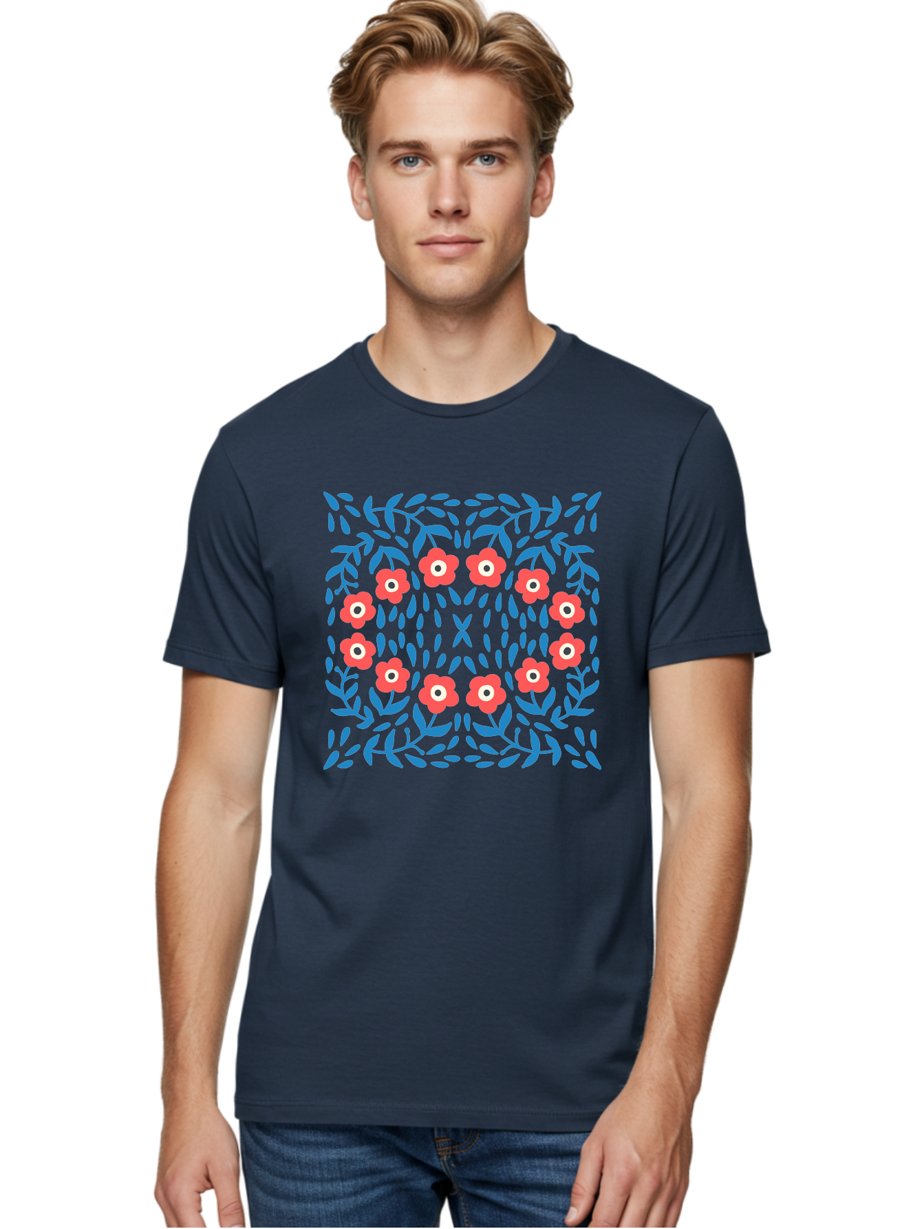 Floral-Pattern-11 Men'S Graphic Tee, 100% Cotton, Comfortable Casual Summer Wear, Machine Washable, Pink Flowers, Floral Pattern, Blue Leaves, Symmetrical Design, Abstract Art, Vibrant Colors, Playful Graphics, Whimsical Elements, Aab704