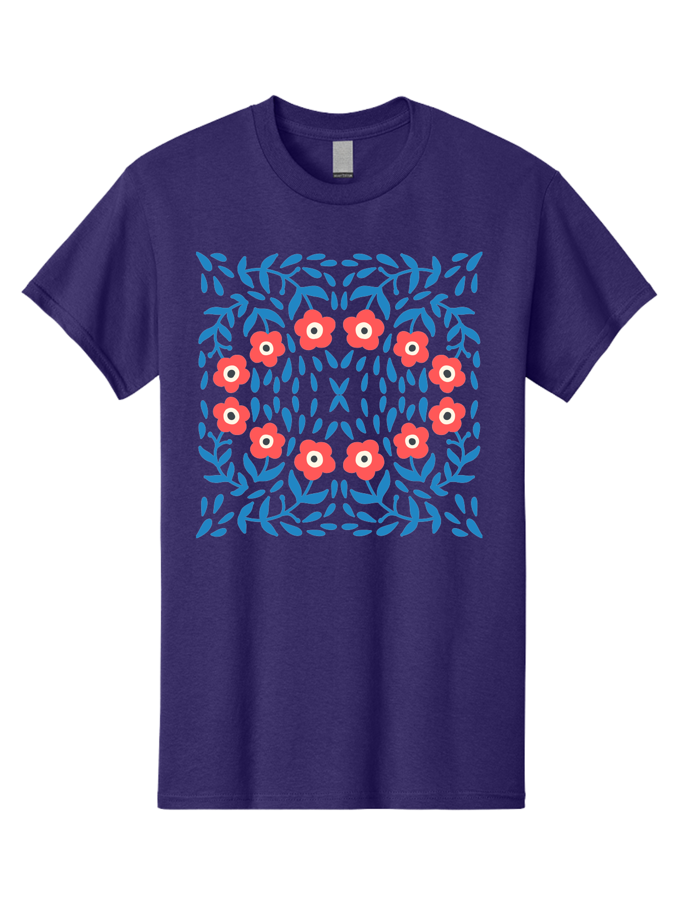 Floral-Pattern-11 Men'S Graphic Tee, 100% Cotton, Comfortable Casual Summer Wear, Machine Washable, Pink Flowers, Floral Pattern, Blue Leaves, Symmetrical Design, Abstract Art, Vibrant Colors, Playful Graphics, Whimsical Elements, Aab704