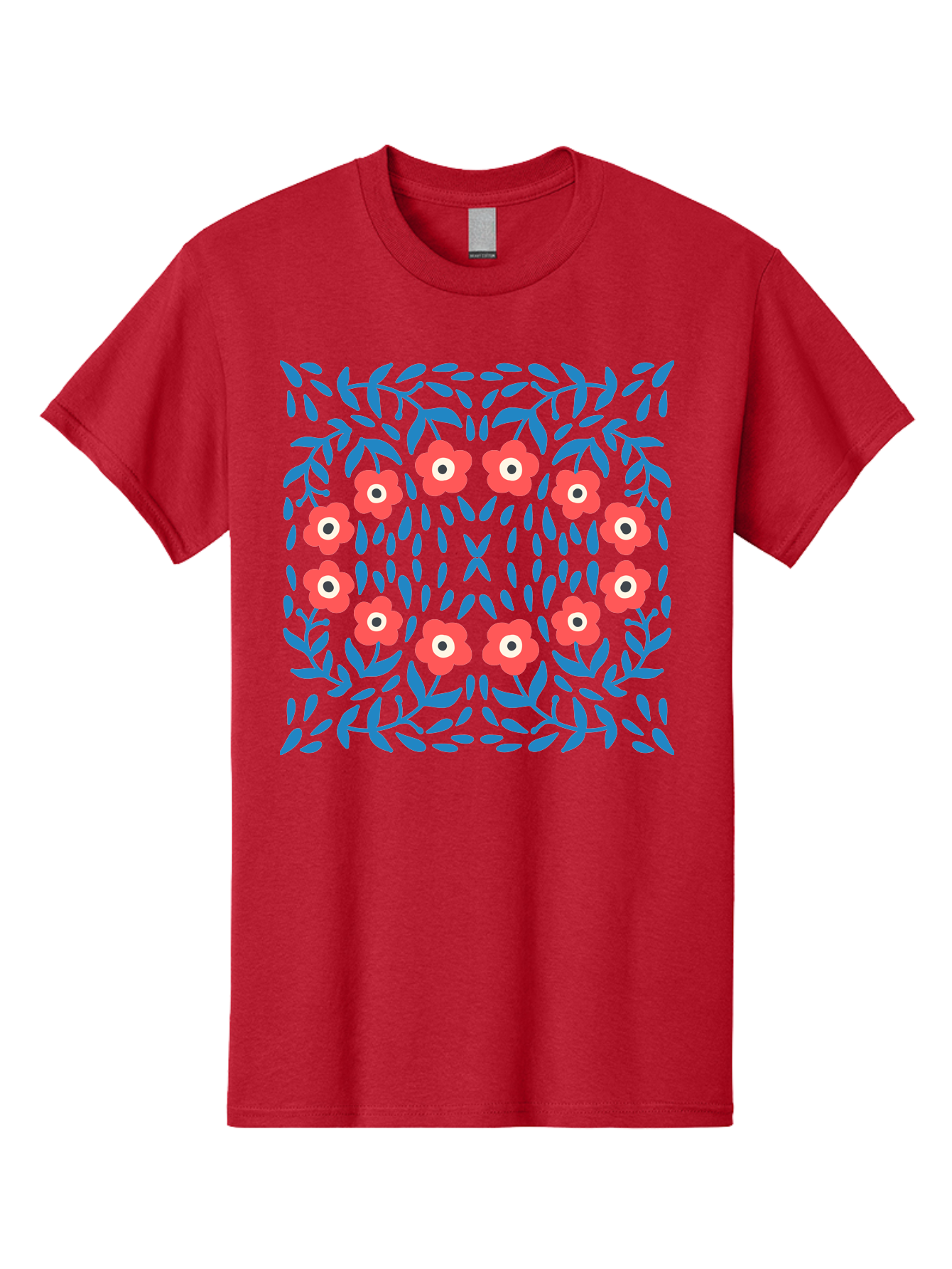 Floral-Pattern-11 Men'S Graphic Tee, 100% Cotton, Comfortable Casual Summer Wear, Machine Washable, Pink Flowers, Floral Pattern, Blue Leaves, Symmetrical Design, Abstract Art, Vibrant Colors, Playful Graphics, Whimsical Elements, Aab704