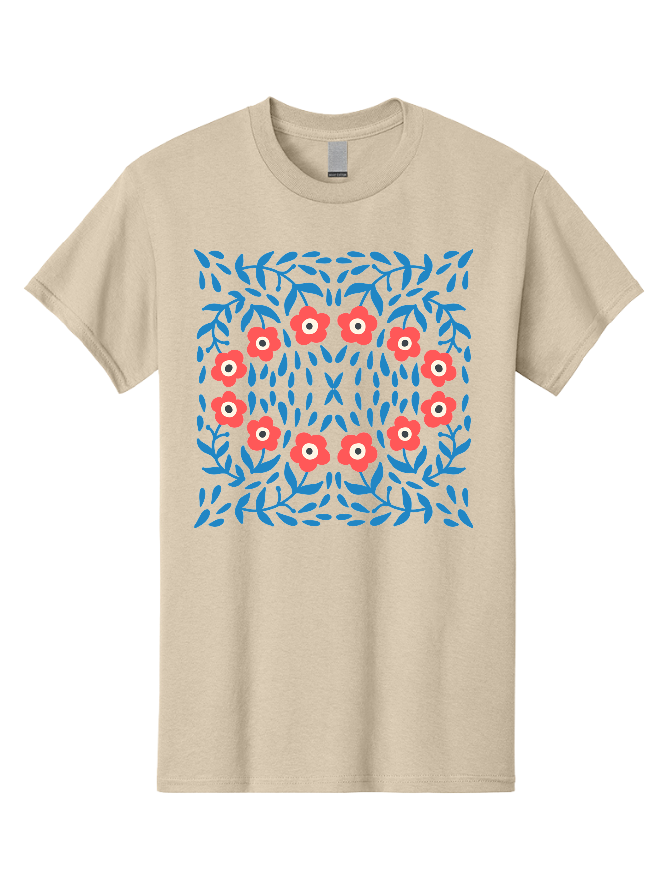Floral-Pattern-11 Men'S Graphic Tee, 100% Cotton, Comfortable Casual Summer Wear, Machine Washable, Pink Flowers, Floral Pattern, Blue Leaves, Symmetrical Design, Abstract Art, Vibrant Colors, Playful Graphics, Whimsical Elements, Aab704