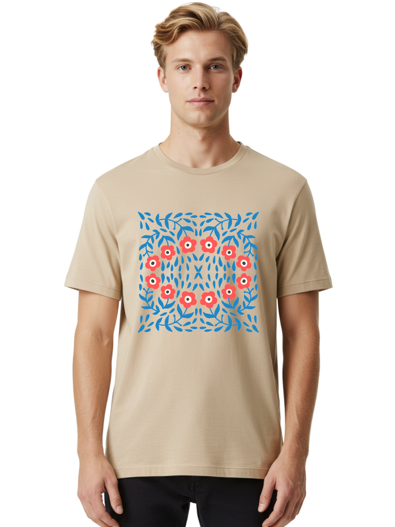 Floral-Pattern-11 Men'S Graphic Tee, 100% Cotton, Comfortable Casual Summer Wear, Machine Washable, Pink Flowers, Floral Pattern, Blue Leaves, Symmetrical Design, Abstract Art, Vibrant Colors, Playful Graphics, Whimsical Elements, Aab704