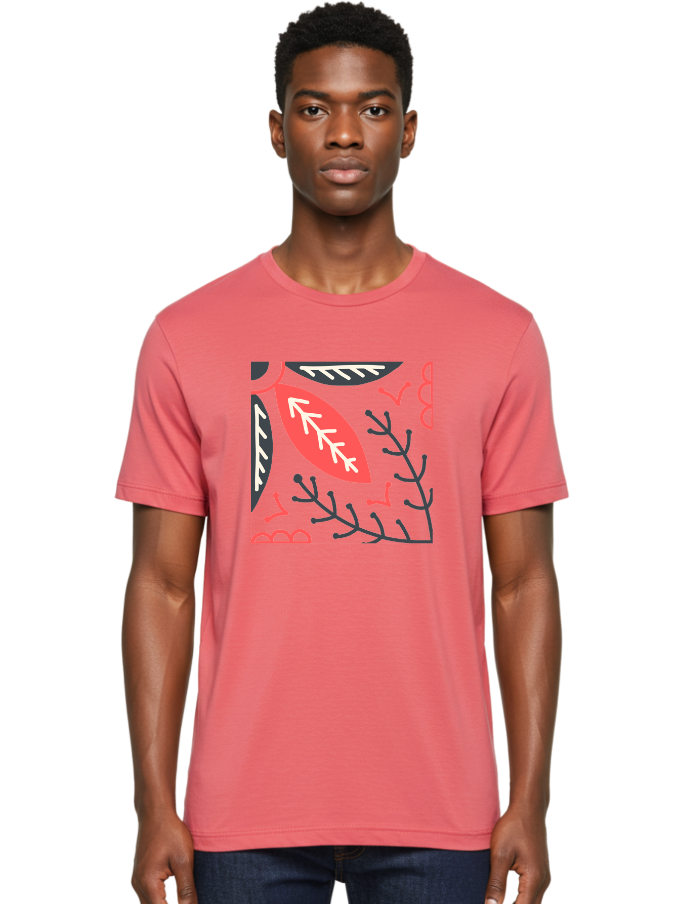 Floral-Pattern-12 Men'S Graphic Tee, 100% Cotton, Comfortable Casual Summer Wear, Machine Washable, Leaf Pattern, Floral Design, Abstract Leaves, Red And White Accents, Black Outlines, Whimsical Illustration, Botanical Art, Aab705