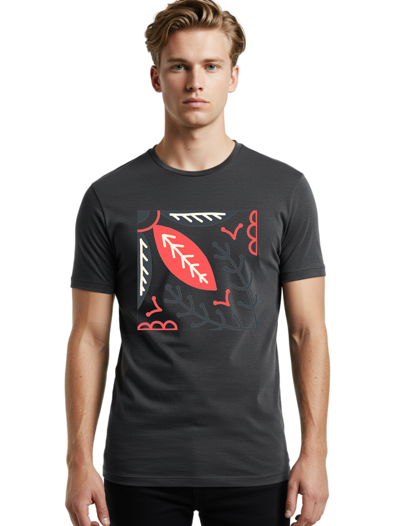 Floral-Pattern-12 Men'S Graphic Tee, 100% Cotton, Comfortable Casual Summer Wear, Machine Washable, Leaf Pattern, Floral Design, Abstract Leaves, Red And White Accents, Black Outlines, Whimsical Illustration, Botanical Art, Aab705